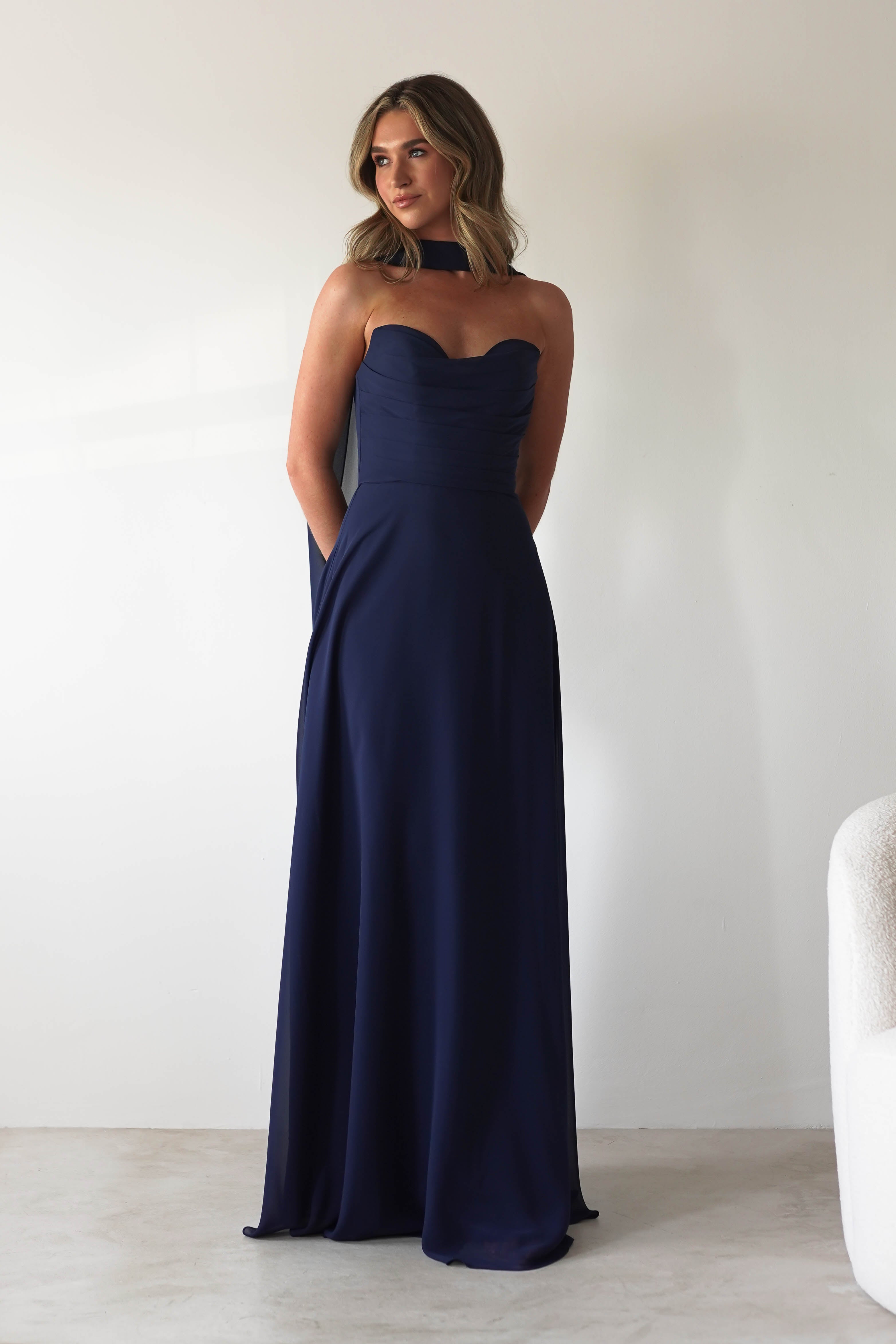 Delphine Chiffon Strapless Maxi Dress | Navy | Oh Hello Clothing | XS (6)