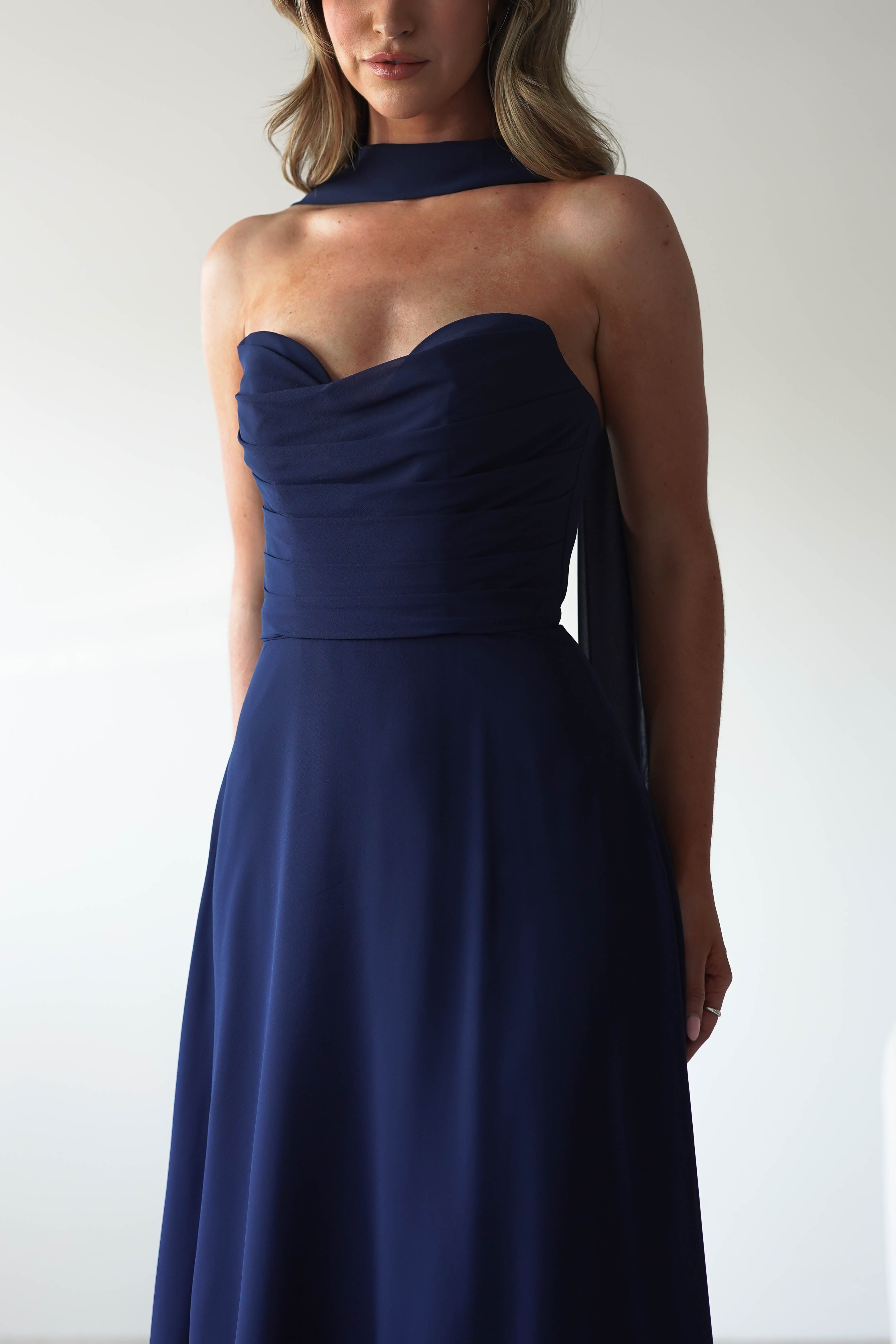 Delphine Chiffon Strapless Maxi Dress | Navy | Oh Hello Clothing | XS (6)