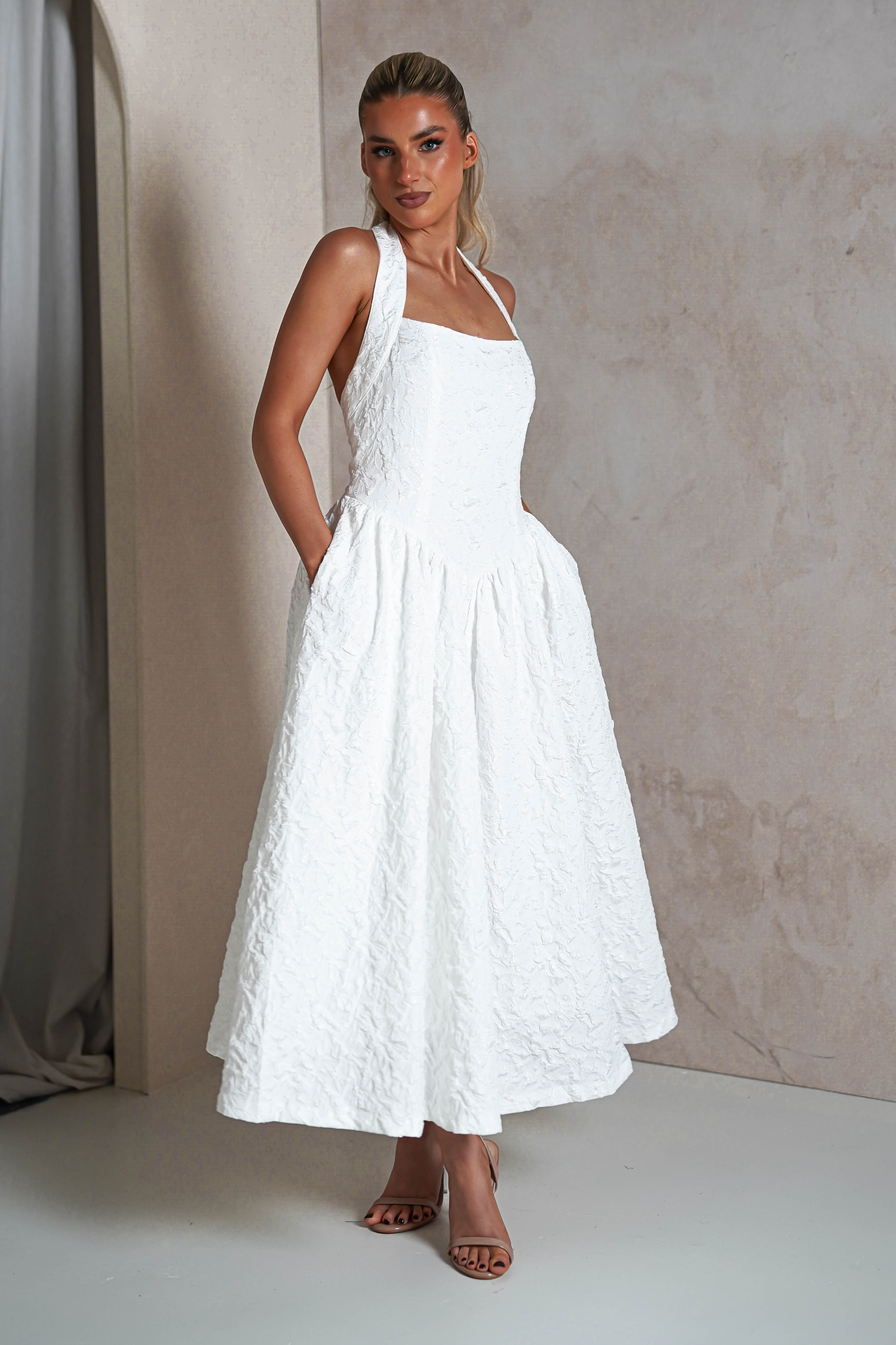 Margot Textured Midaxi Dress | White | Oh Hello Clothing | S (8)