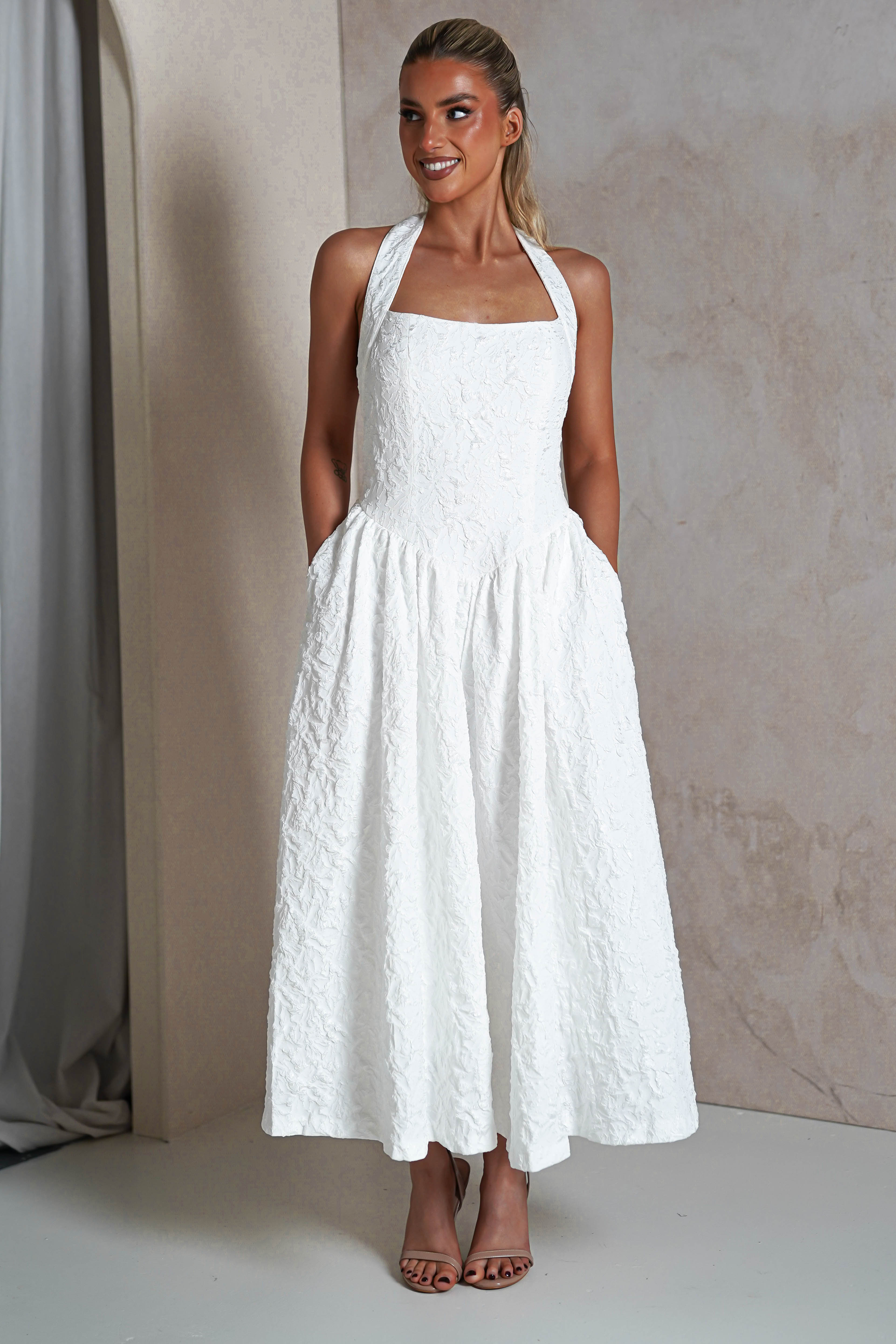 Margot Textured Midaxi Dress | White | Oh Hello Clothing | S (8)