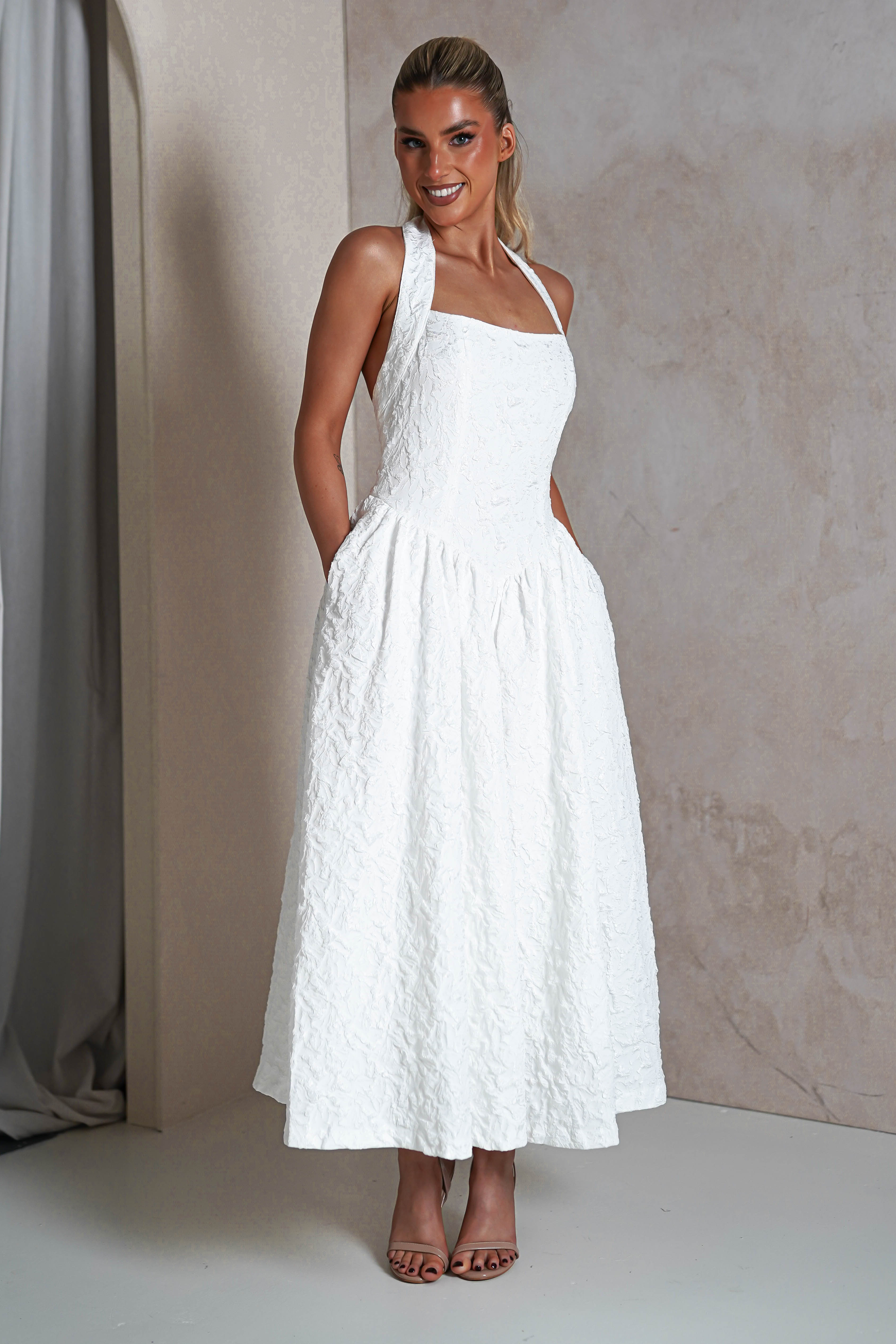 Margot Textured Midaxi Dress | White | Oh Hello Clothing | S (8)
