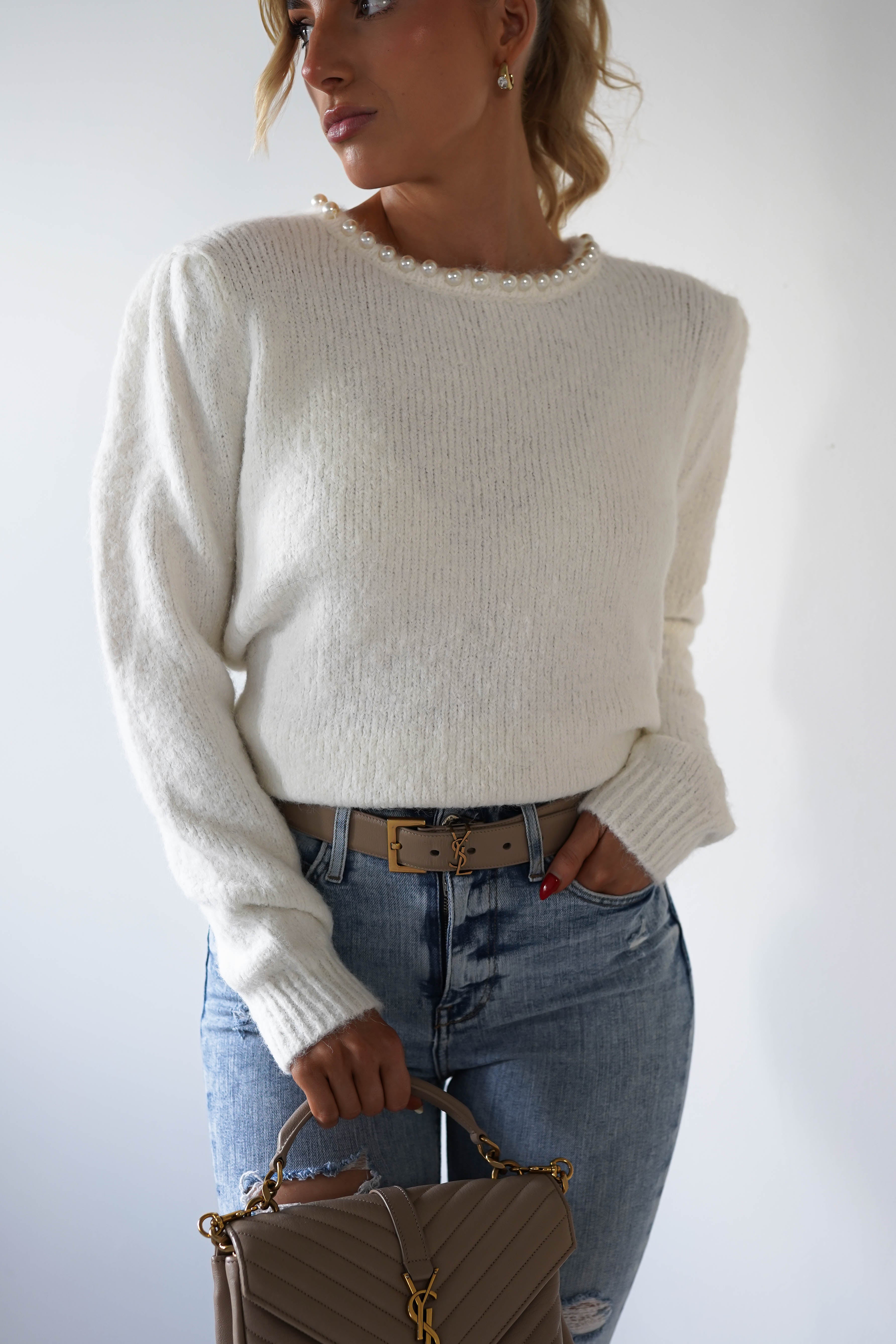 Caliste Pearl Detail Cosy Jumper | White | Oh Hello Clothing | ONE SIZE (6 - 12)