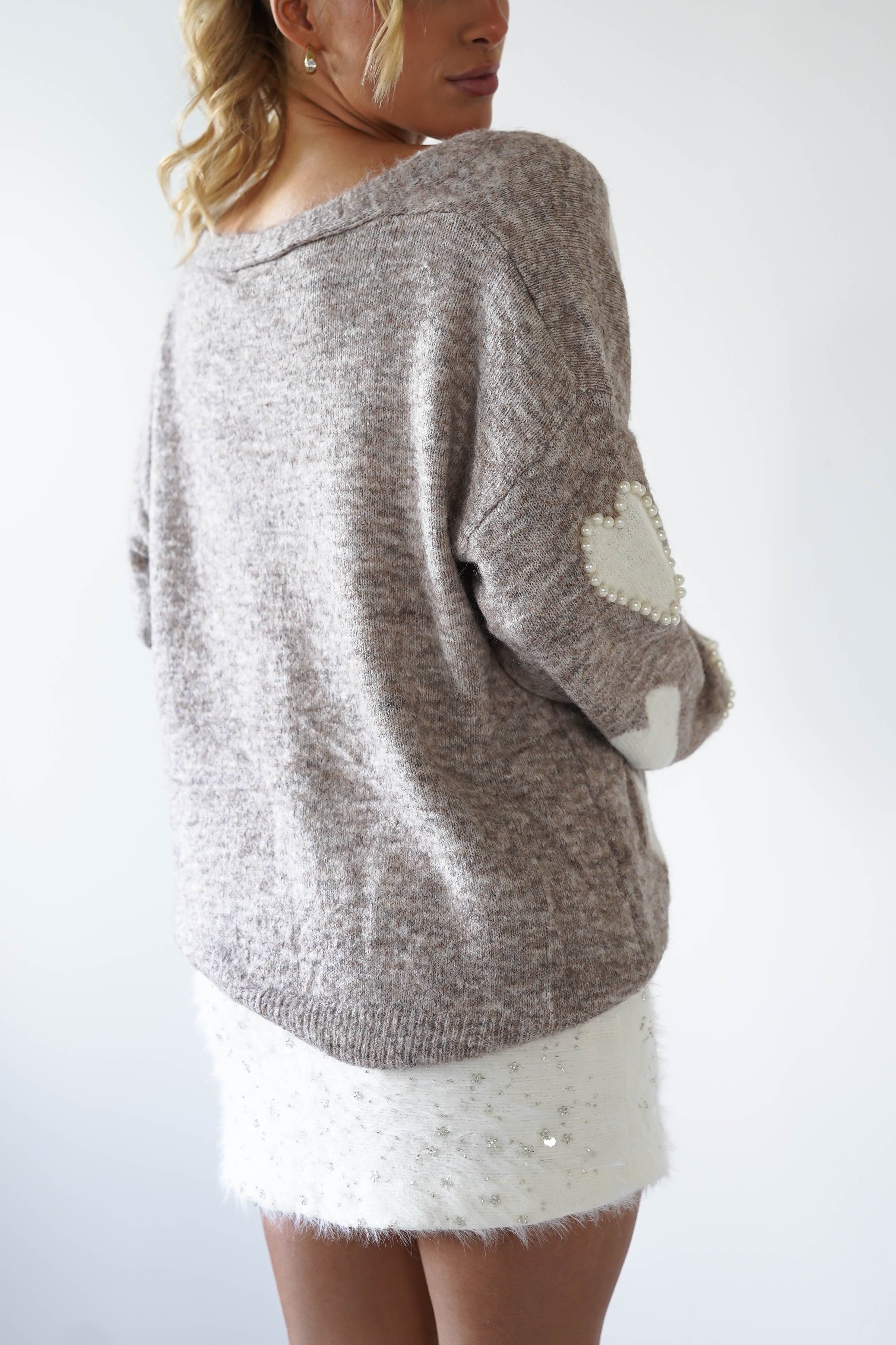 Lilah Pearl Heart Oversized Cardigan | Taupe | Oh Hello Clothing | ONE SIZE (8 - 14)