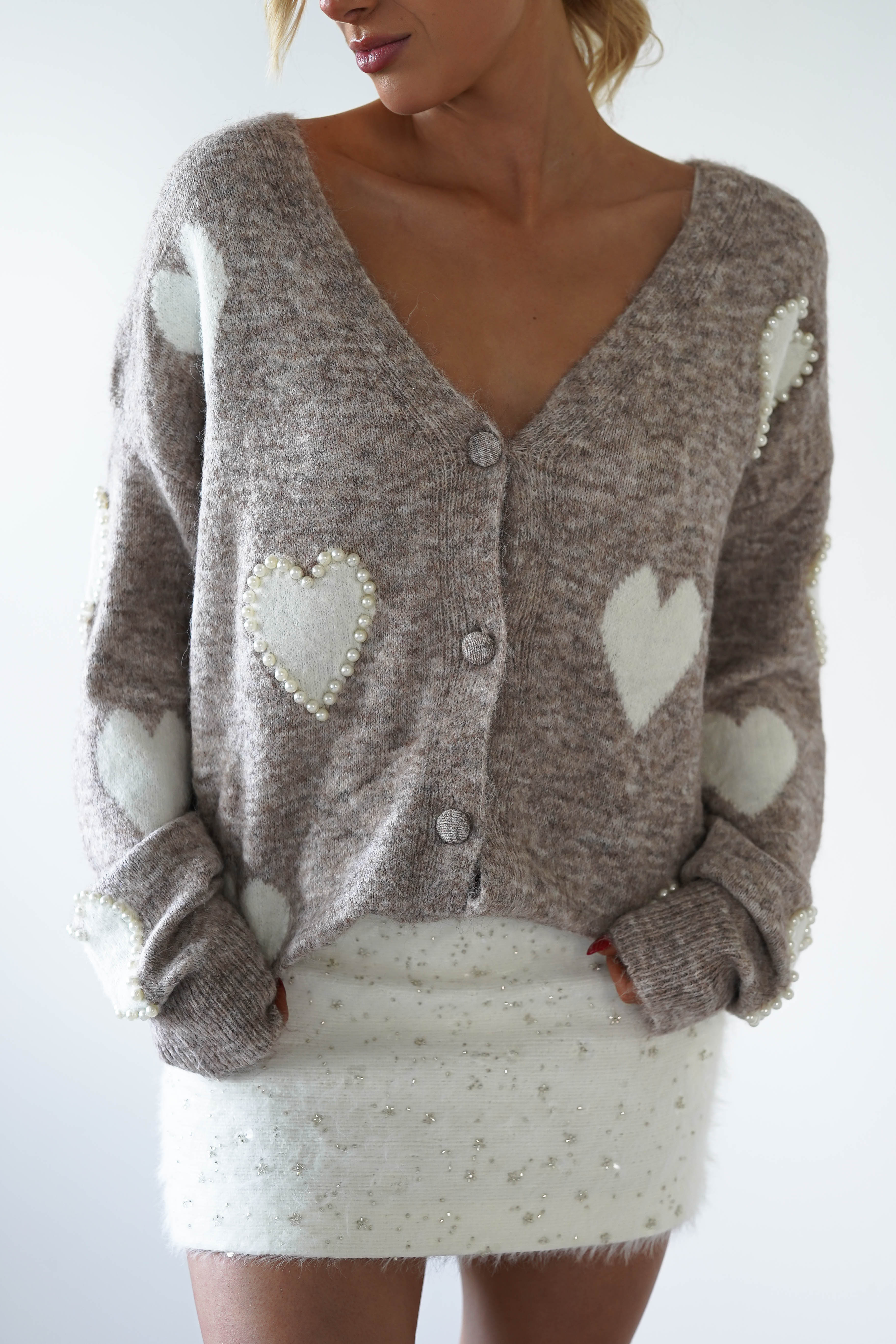 Lilah Pearl Heart Oversized Cardigan | Taupe | Oh Hello Clothing | ONE SIZE (8 - 14)