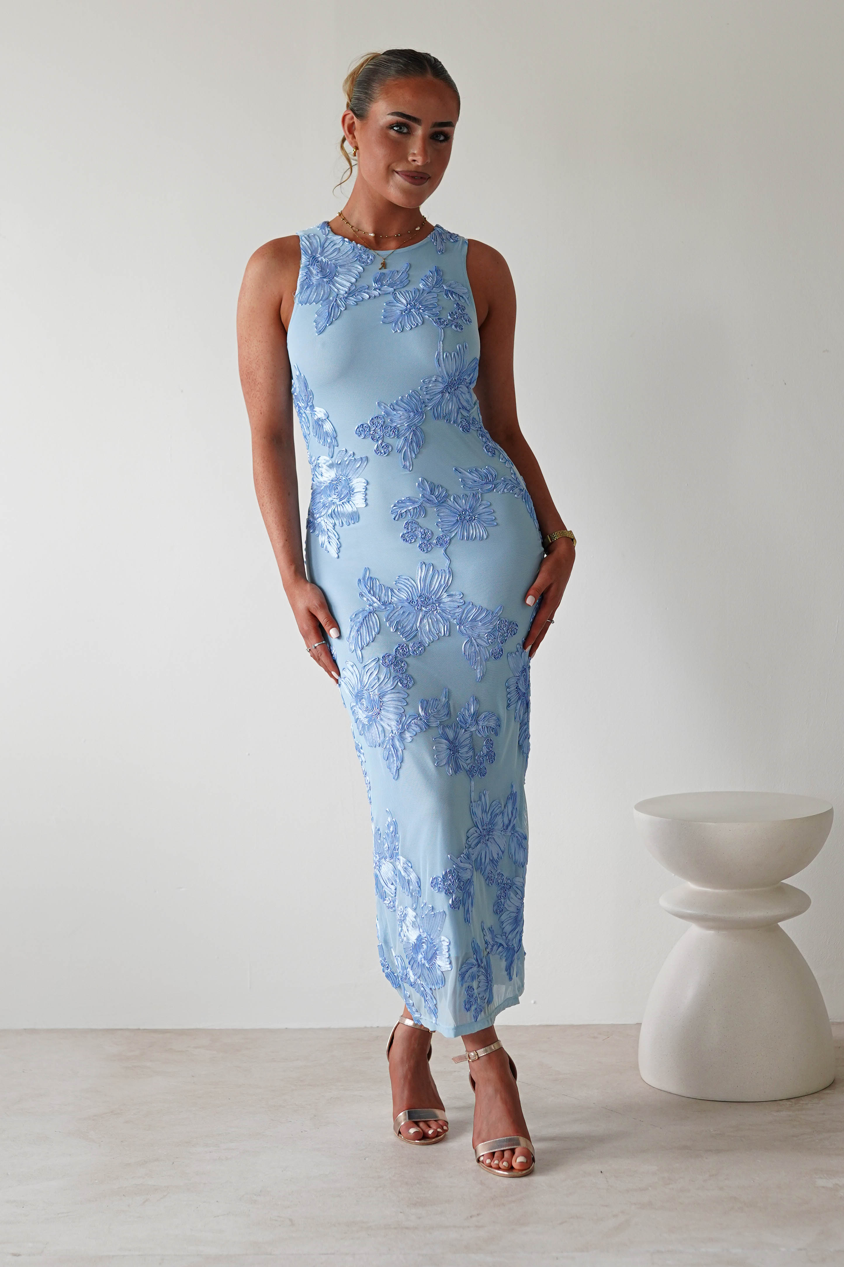 Eliana Bodycon Midi Dress | Blue Textured | Oh Hello Clothing | S (8)