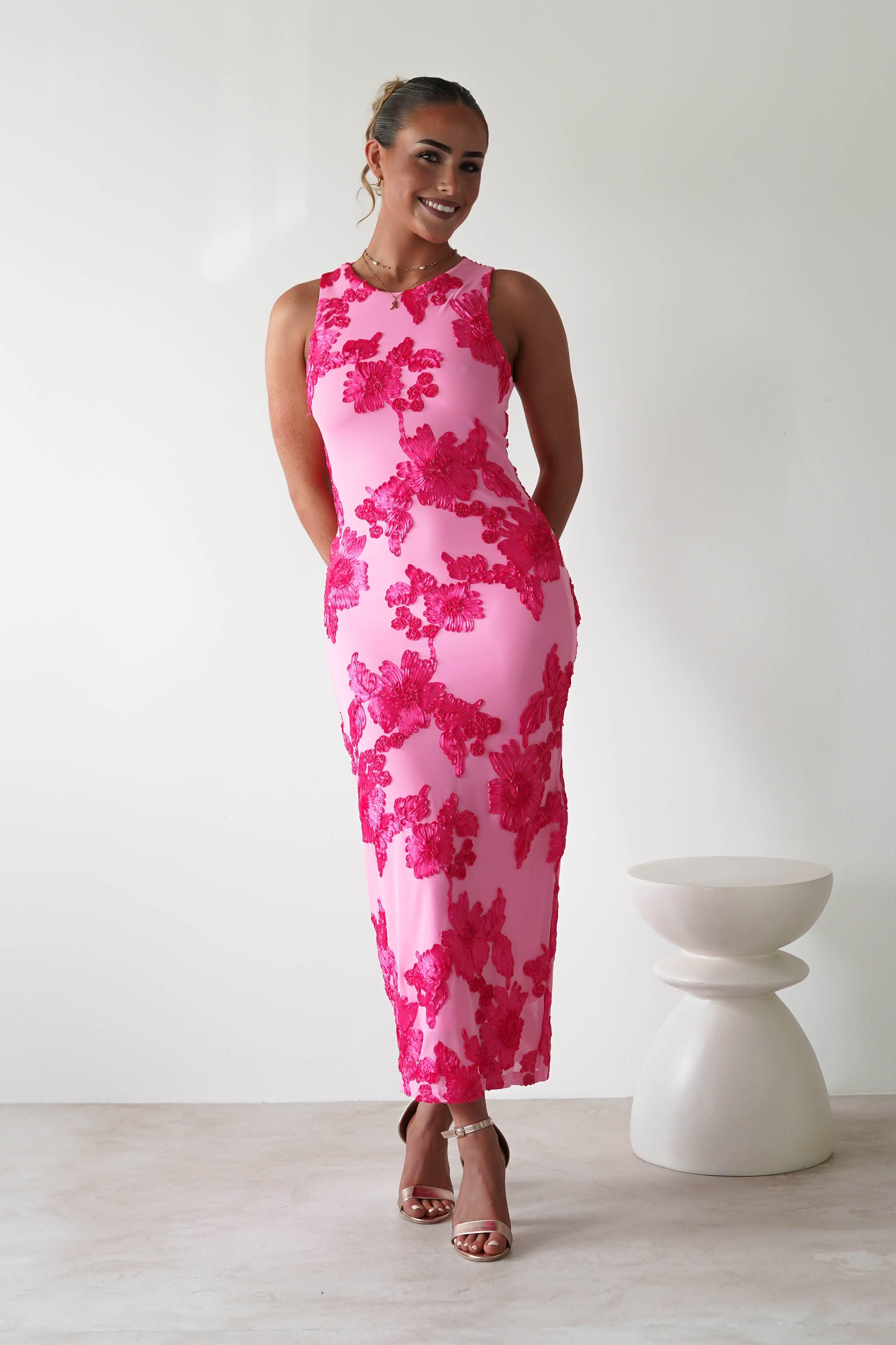 Eliana Bodycon Midi Dress | Pink Textured | Oh Hello Clothing | S (8)