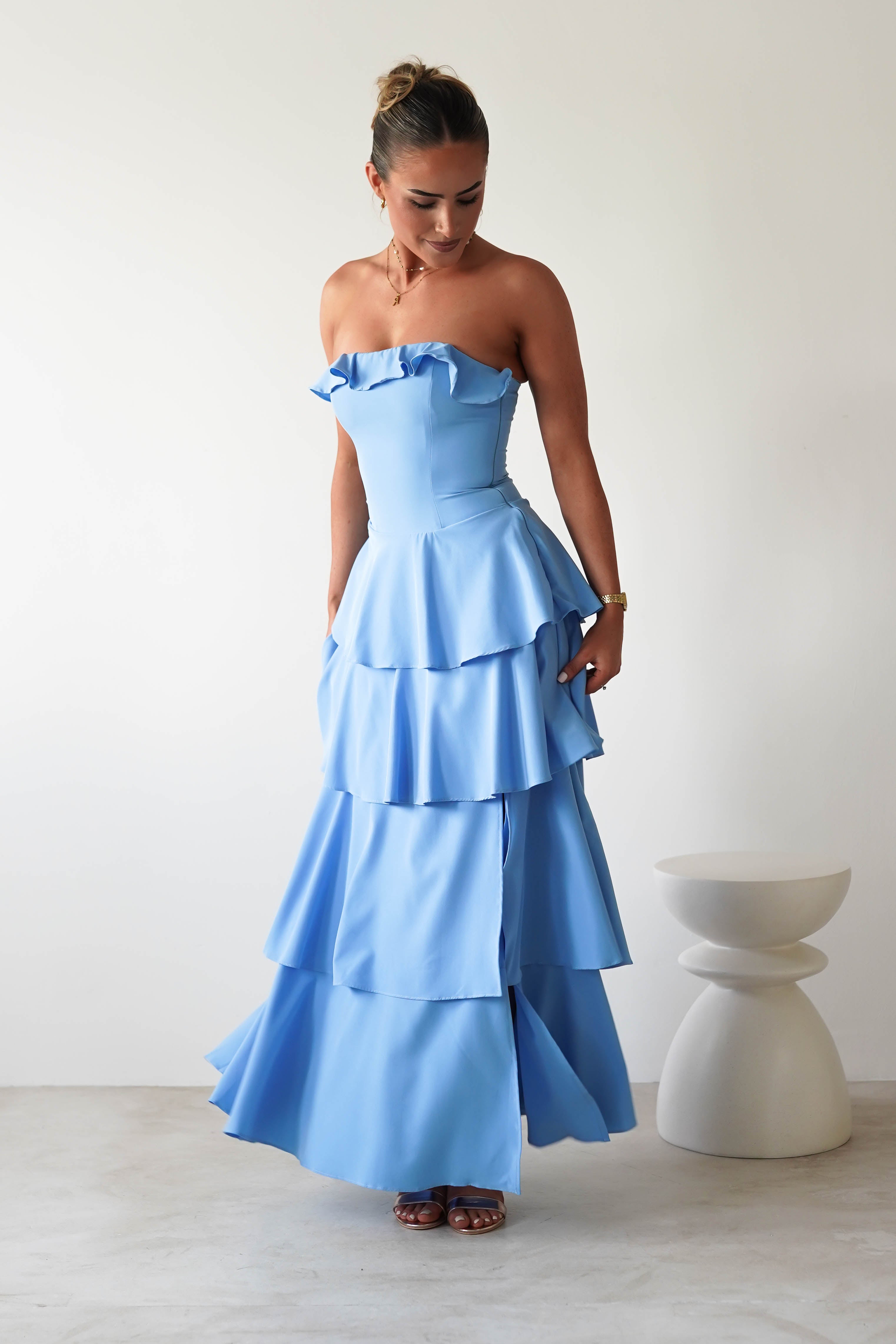 Freya Ruffle Strapless Maxi Dress | Blue | Oh Hello Clothing | XS (6)