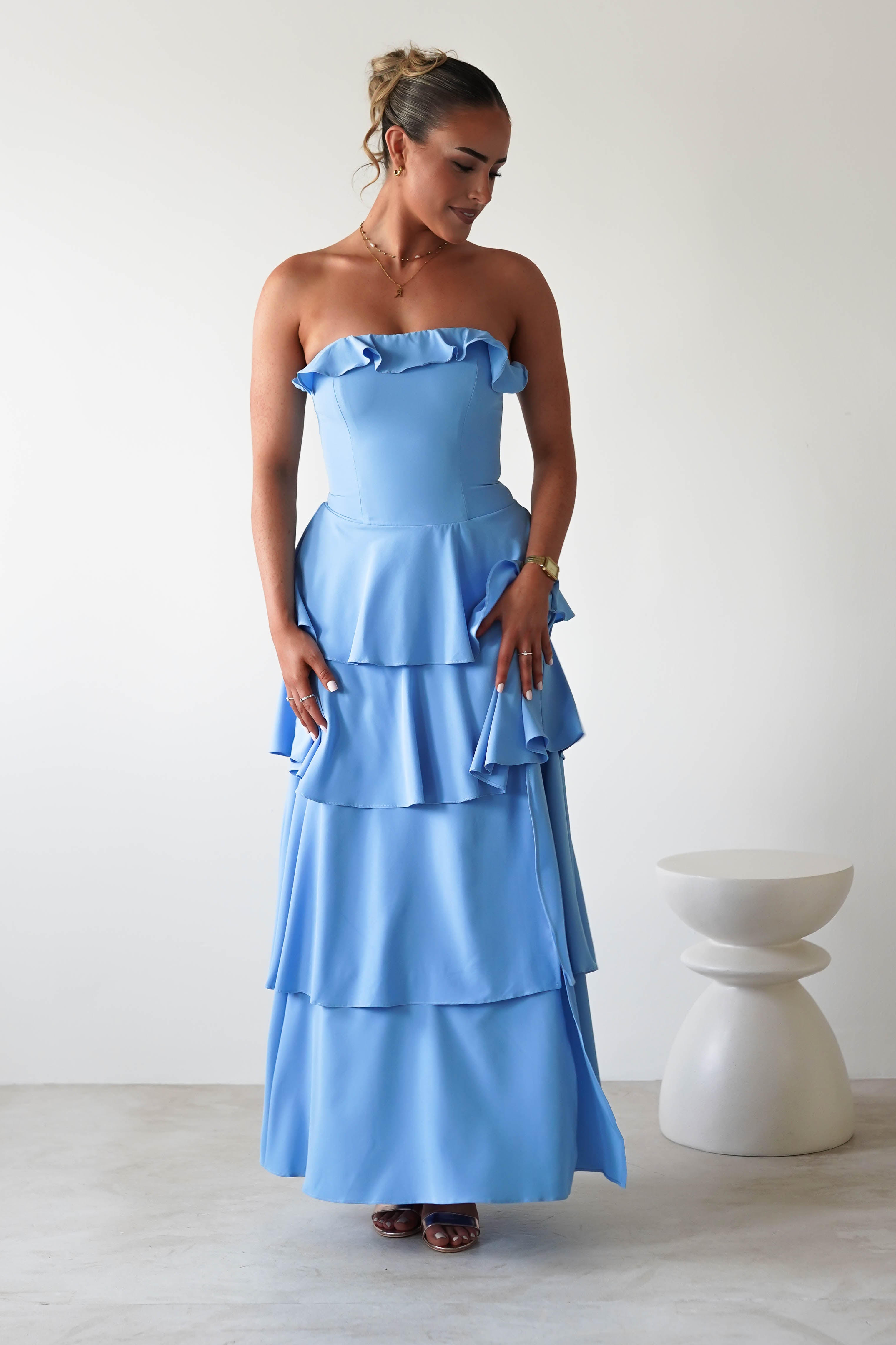 Freya Ruffle Strapless Maxi Dress | Blue | Oh Hello Clothing | XS (6)