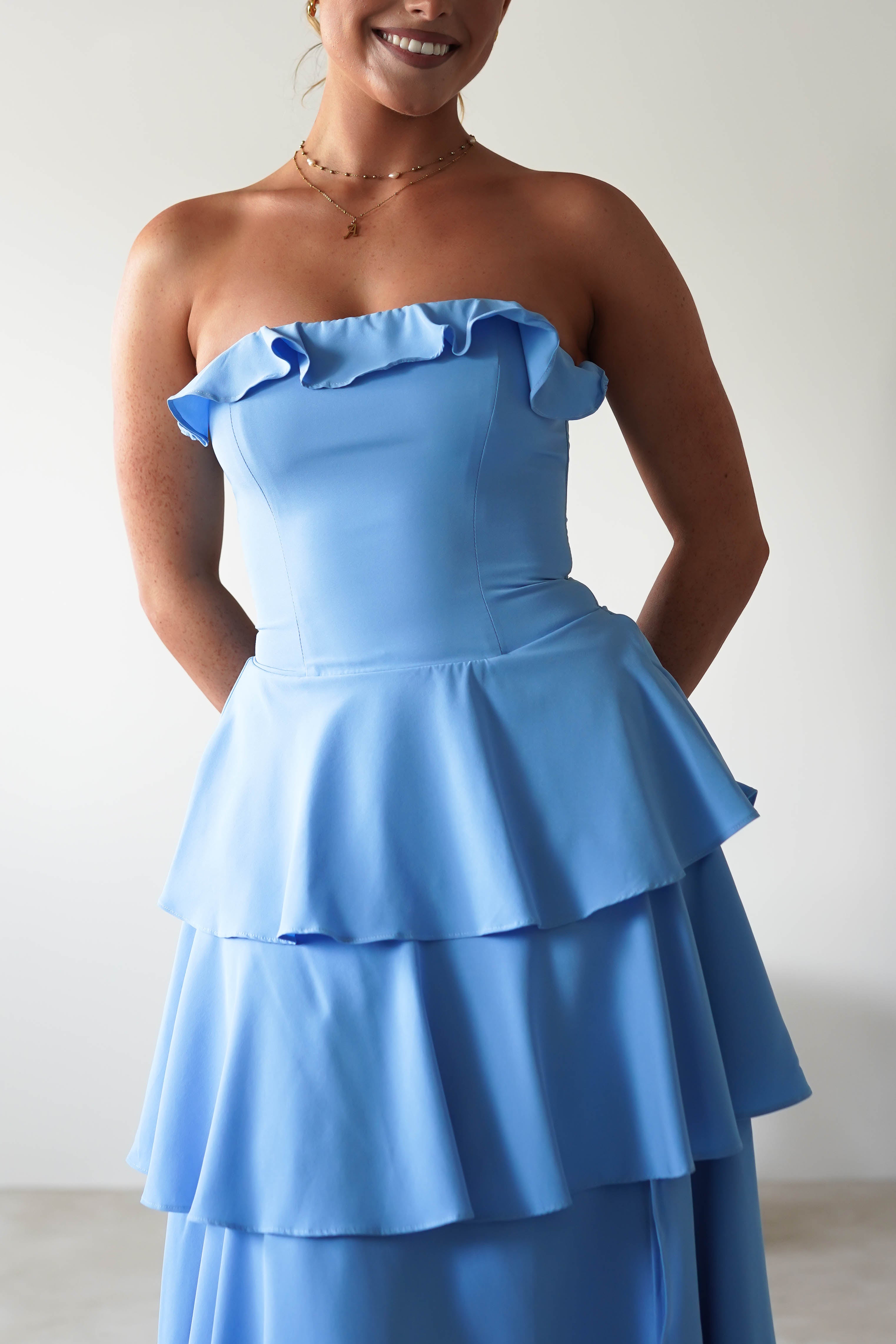 Freya Ruffle Strapless Maxi Dress | Blue | Oh Hello Clothing | XS (6)