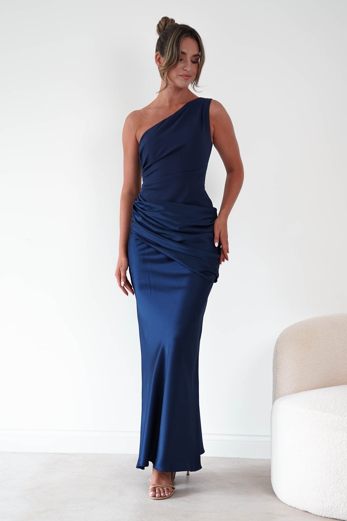 1*done- Nadalia One Shoulder Satin Maxi Dress | new colour navy- sample-Oh Hello Clothing
