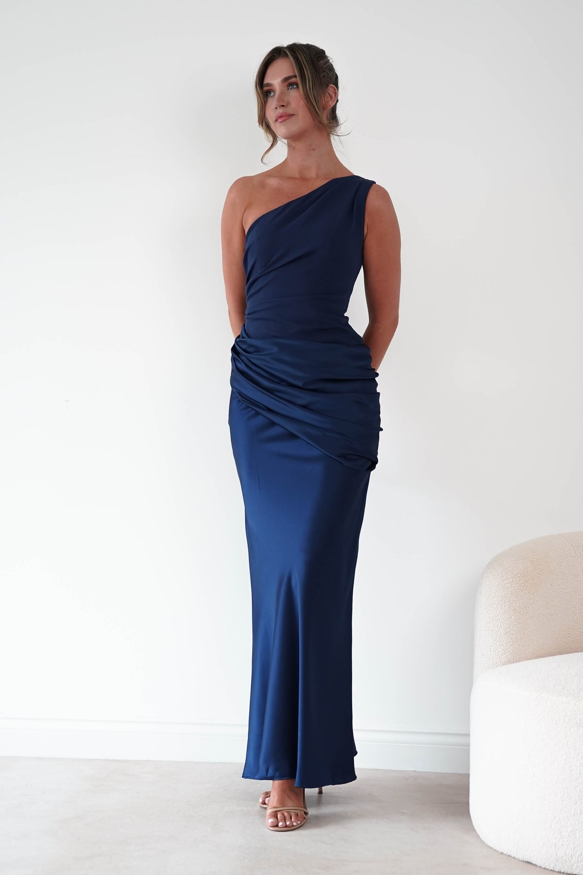 1*done- Nadalia One Shoulder Satin Maxi Dress | new colour navy- sample-Oh Hello Clothing
