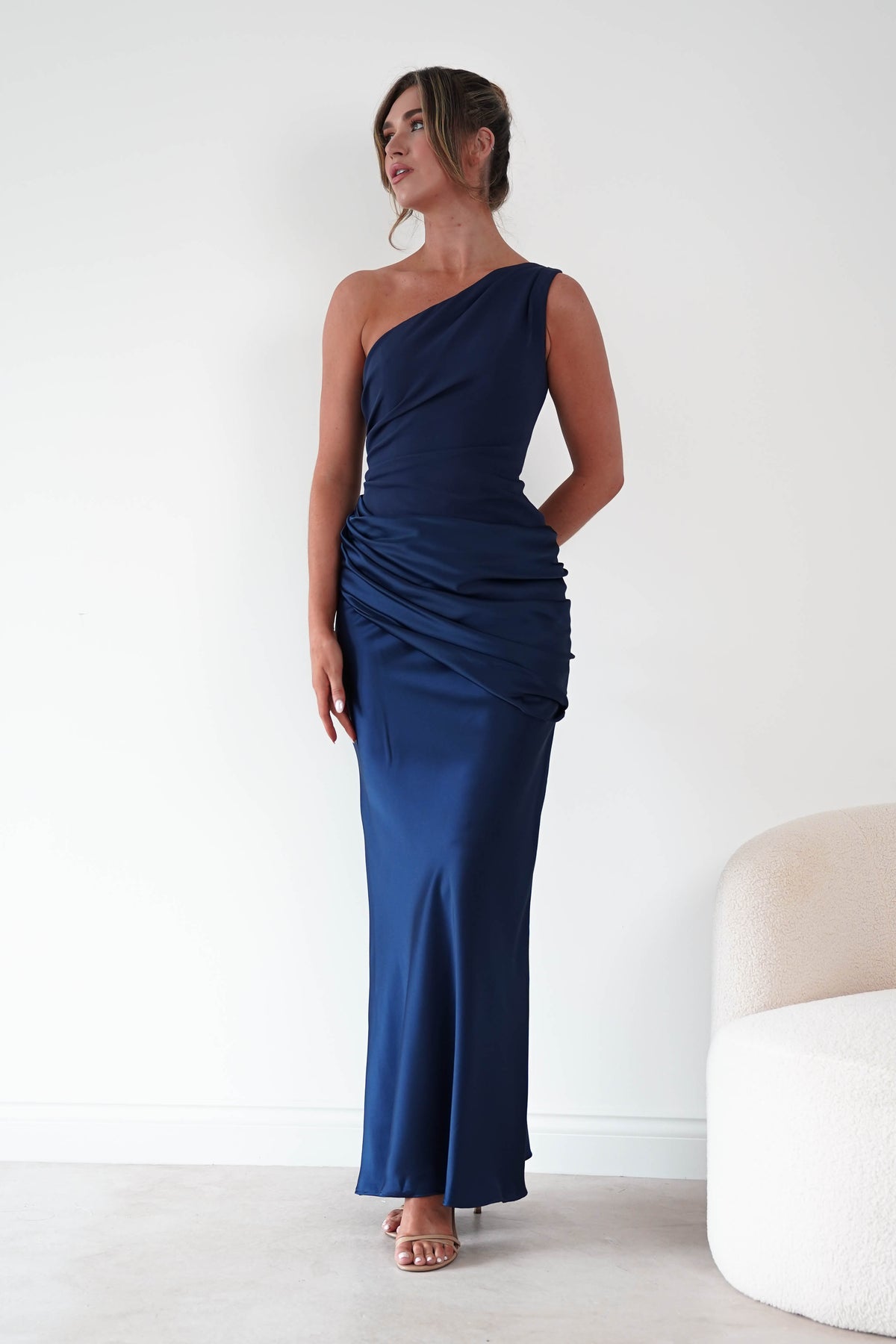 1*done- Nadalia One Shoulder Satin Maxi Dress | new colour navy- sample-Oh Hello Clothing