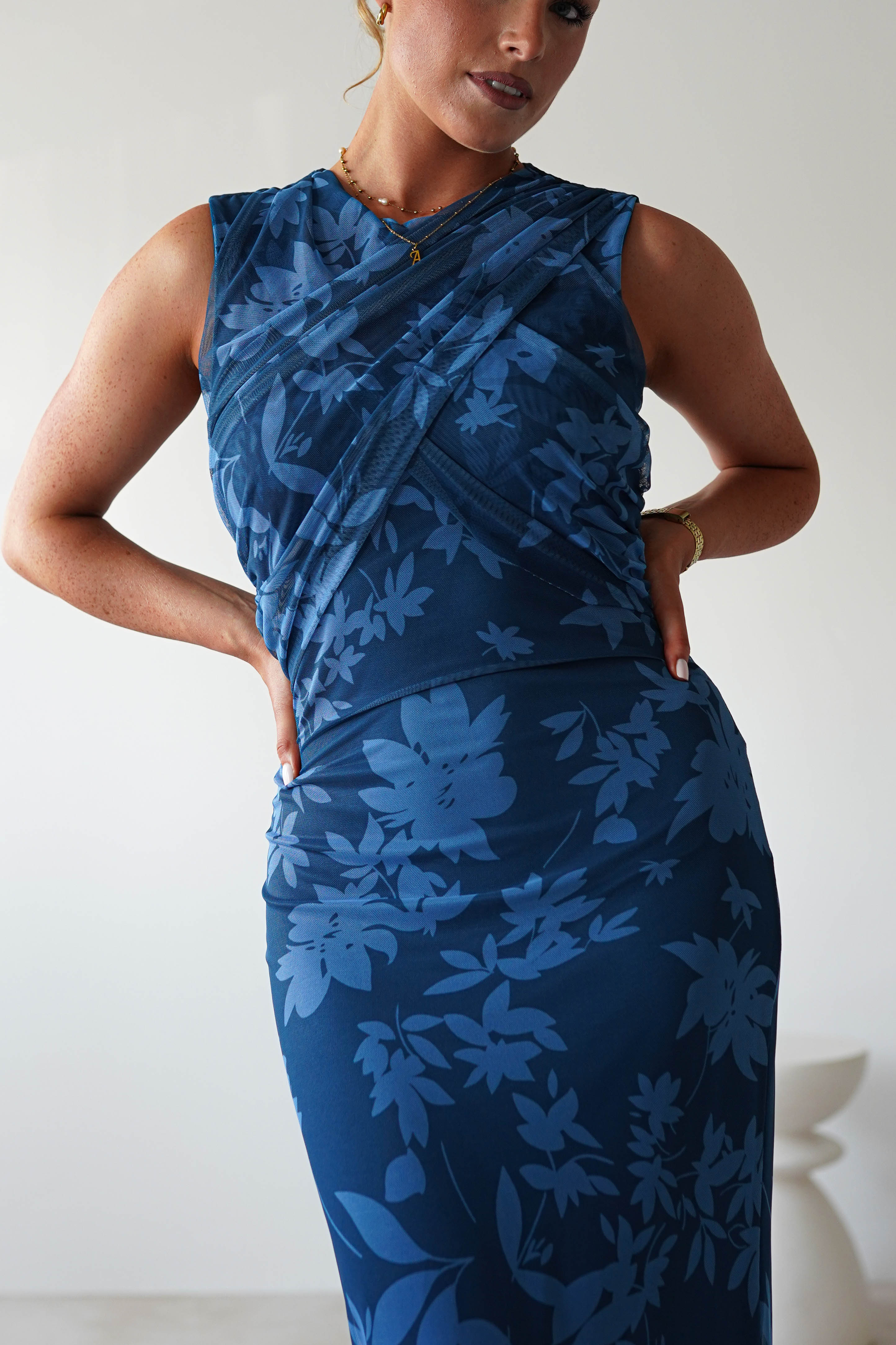 Meadow Floral Mesh Midi Dress | Blue | Oh Hello Clothing | S/M (6 - 8)