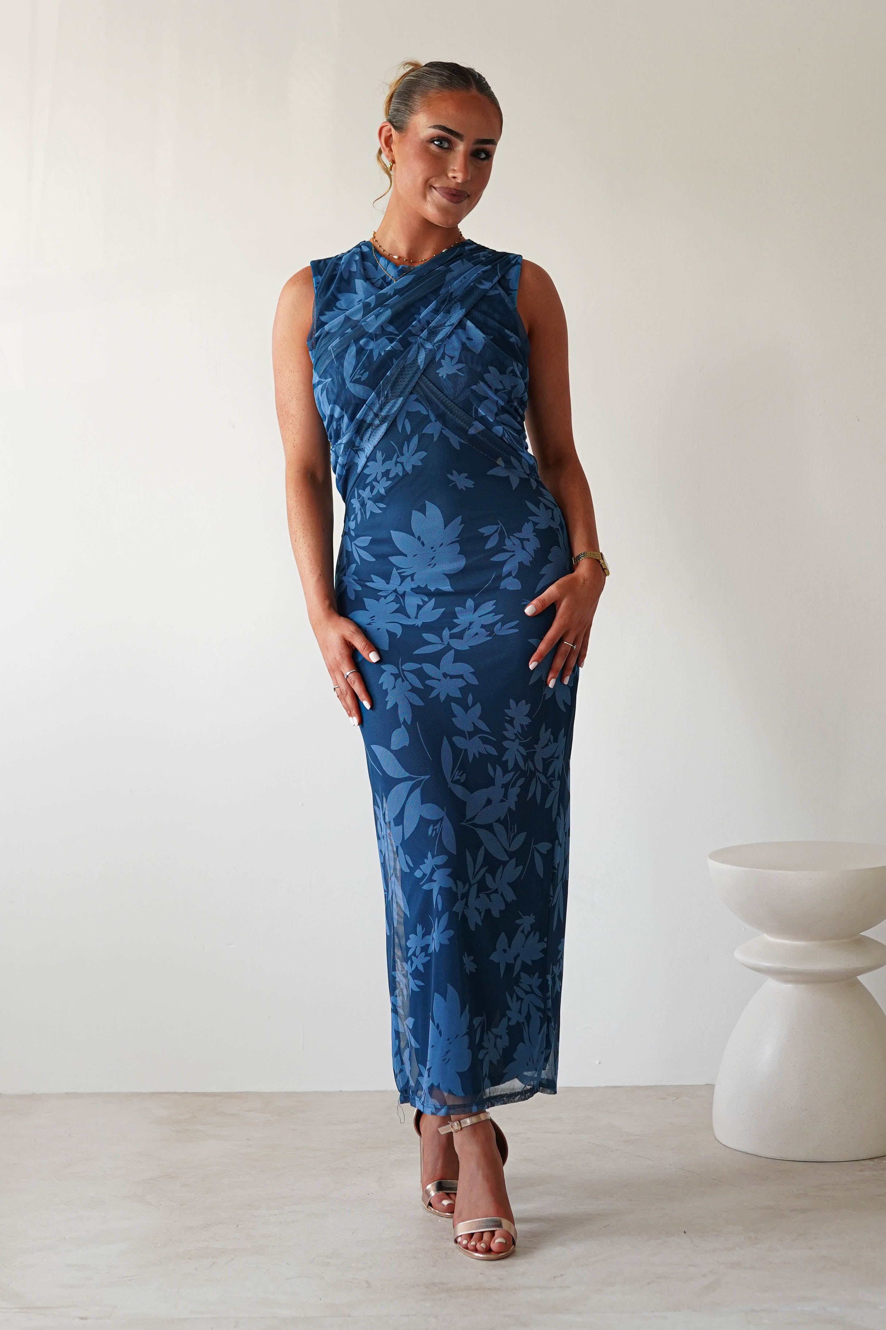 Meadow Floral Mesh Midi Dress | Blue | Oh Hello Clothing | S/M (6 - 8)