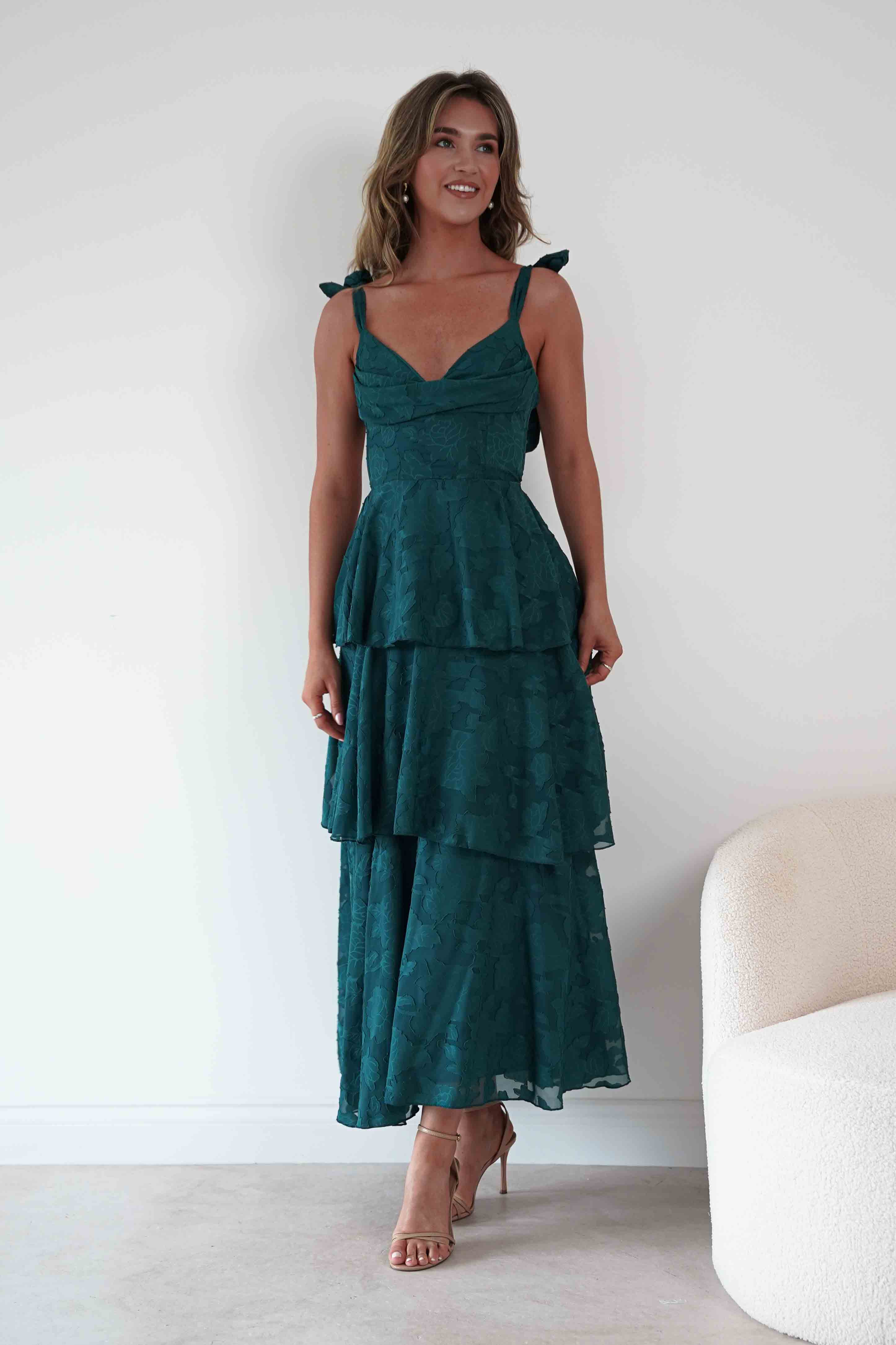 Niama Floral Jacquard Tiered Maxi Dress | Teal Green