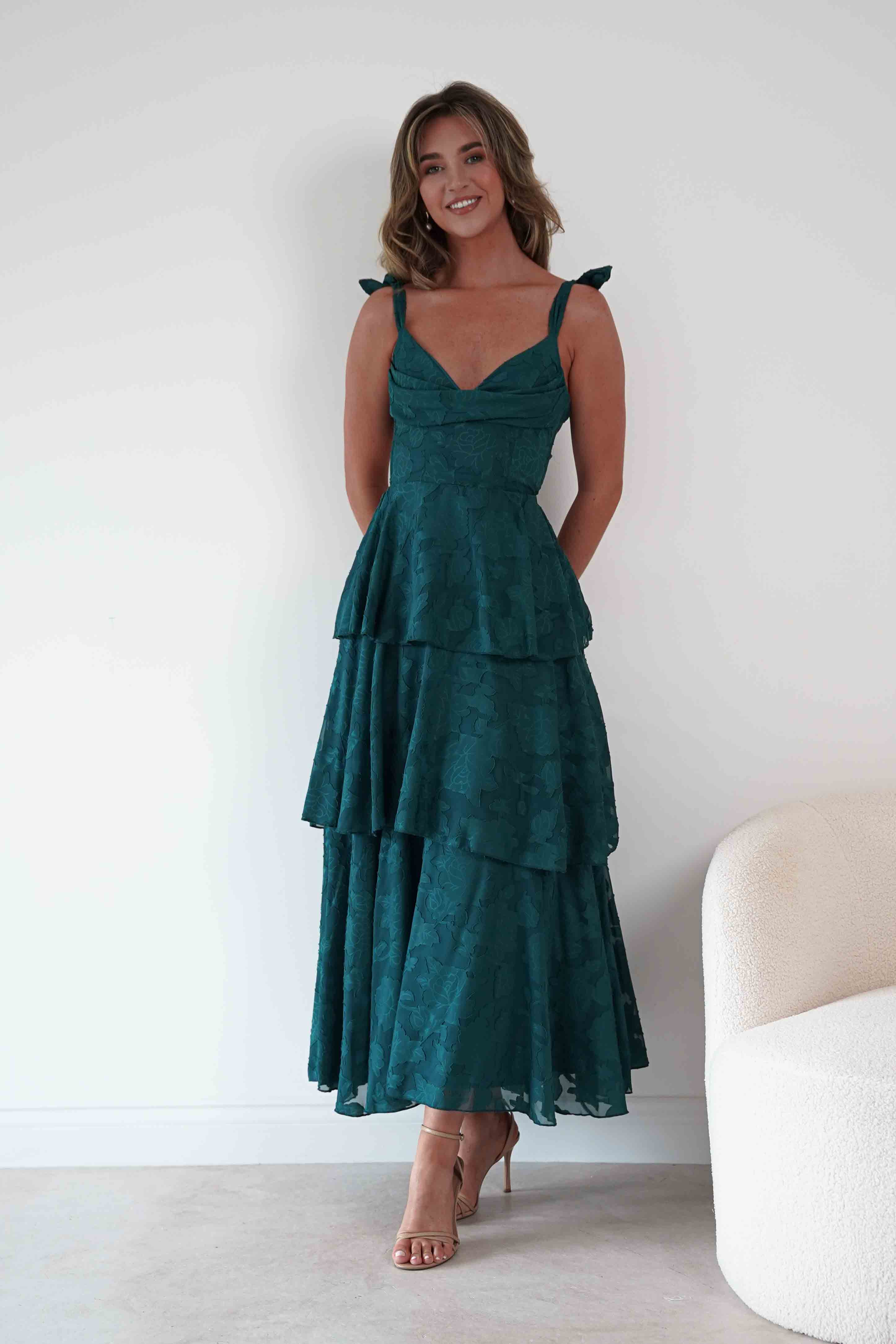 Niama Floral Jacquard Tiered Maxi Dress | Teal Green