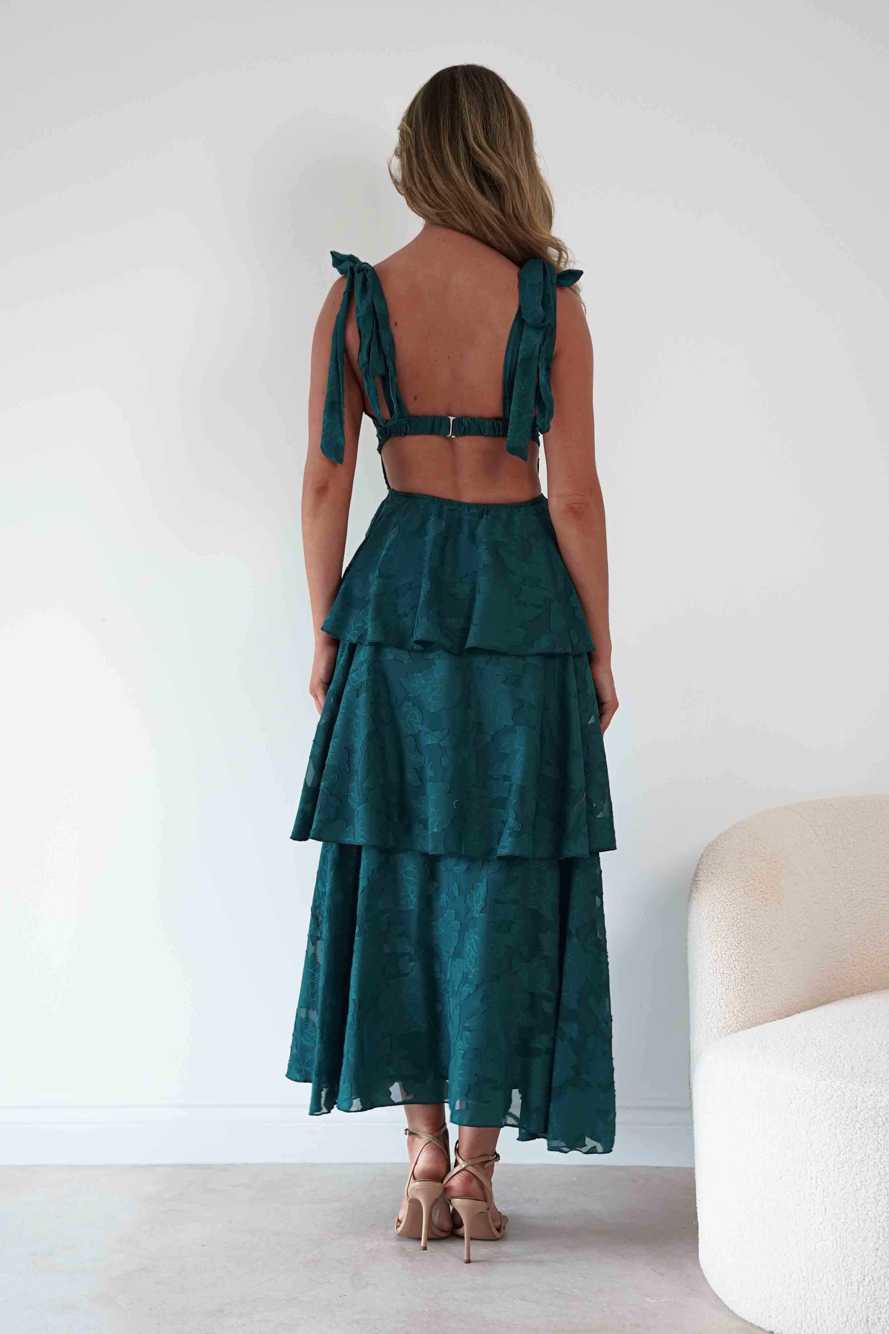 Niama Floral Jacquard Tiered Maxi Dress | Teal Green