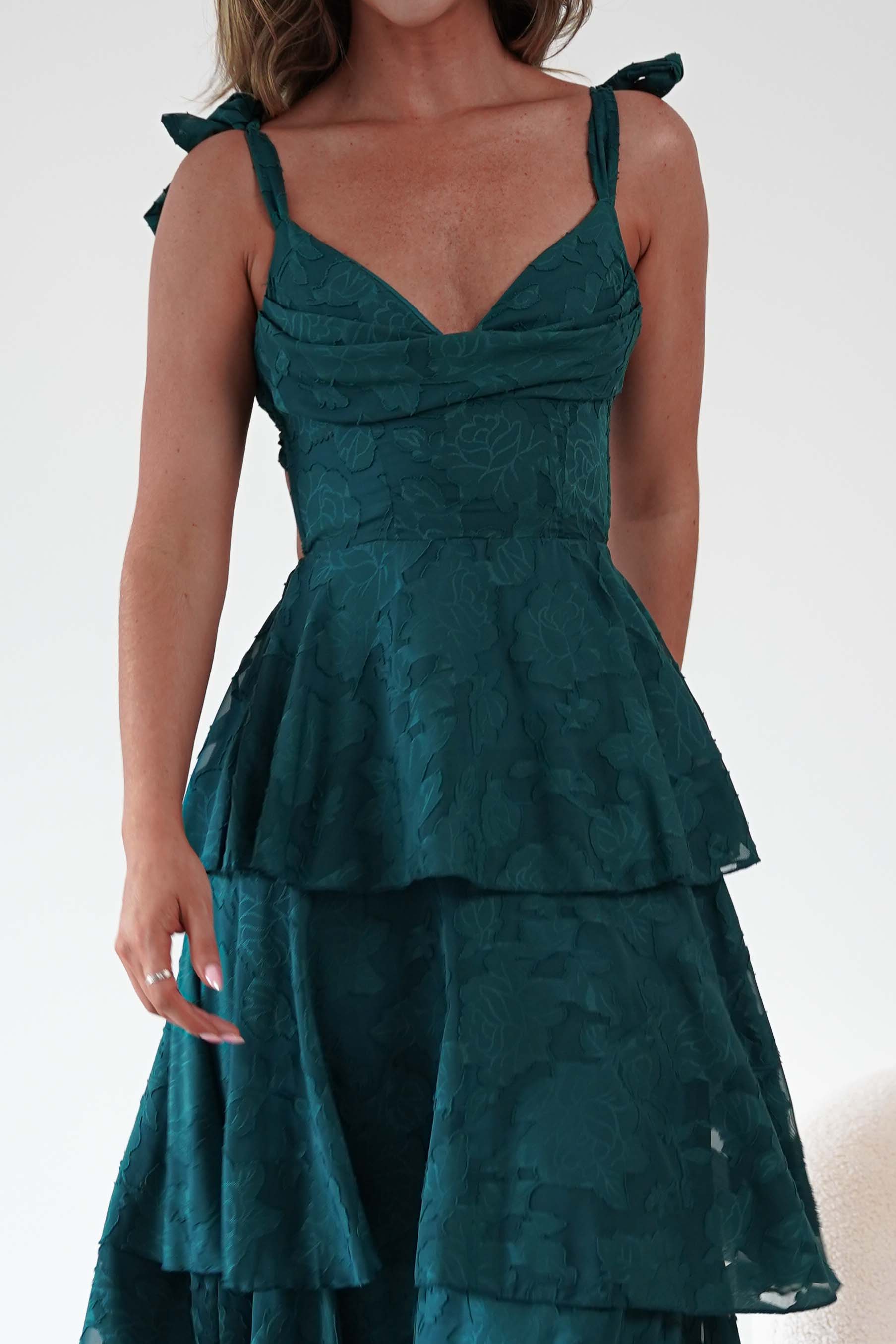 Niama Floral Jacquard Tiered Maxi Dress | Teal Green