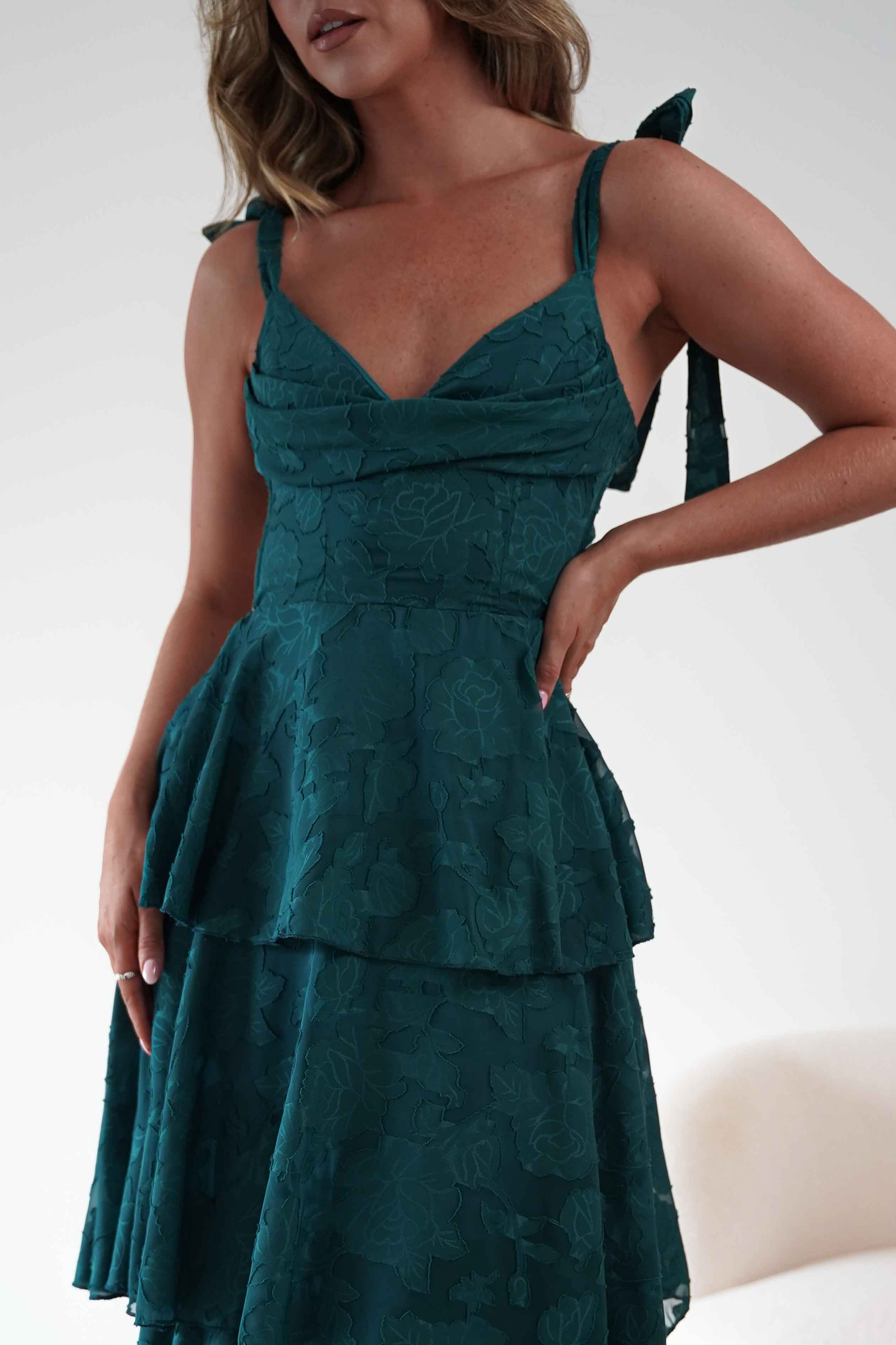 Niama Floral Jacquard Tiered Maxi Dress | Teal Green