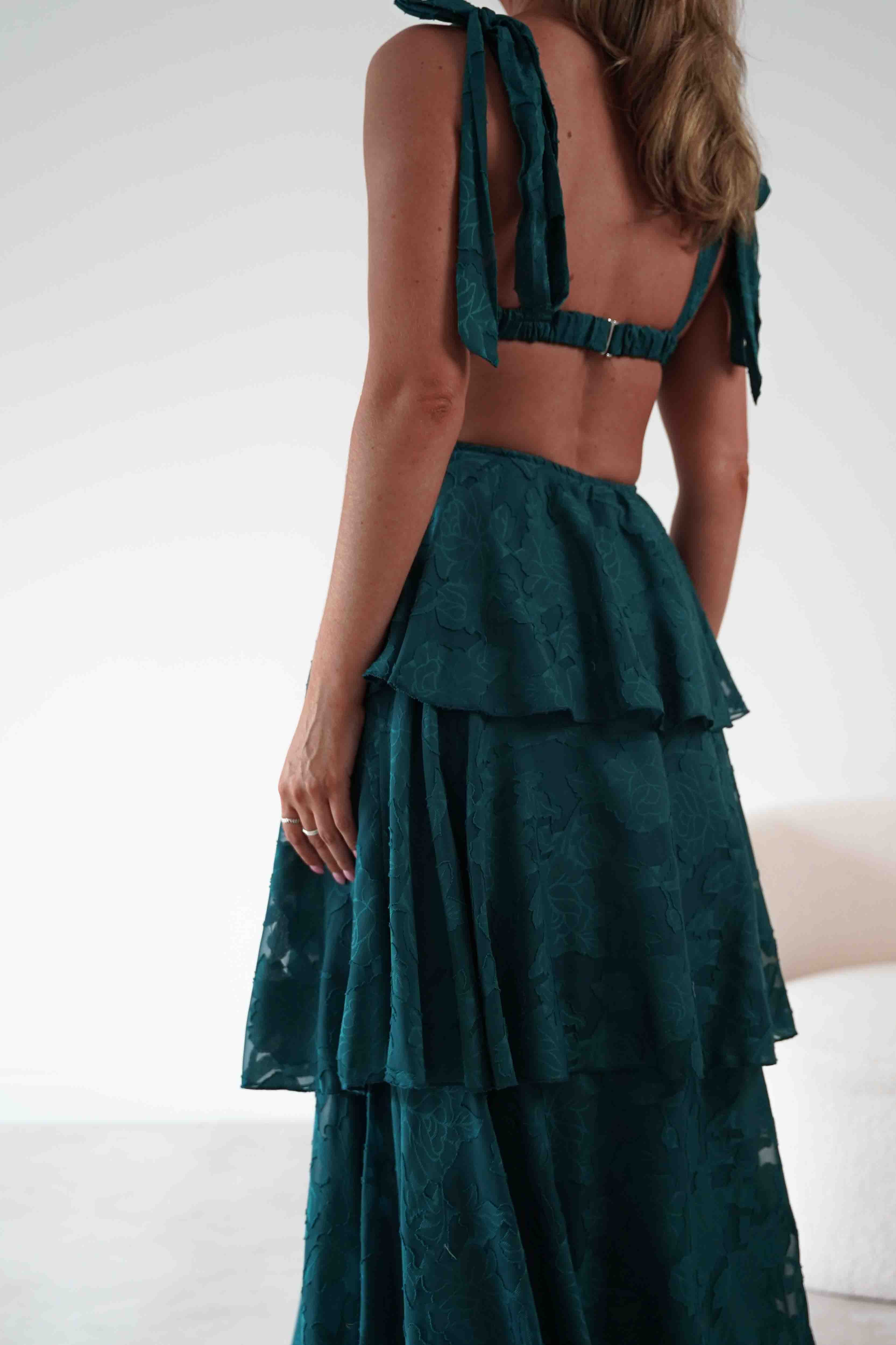 Niama Floral Jacquard Tiered Maxi Dress | Teal Green