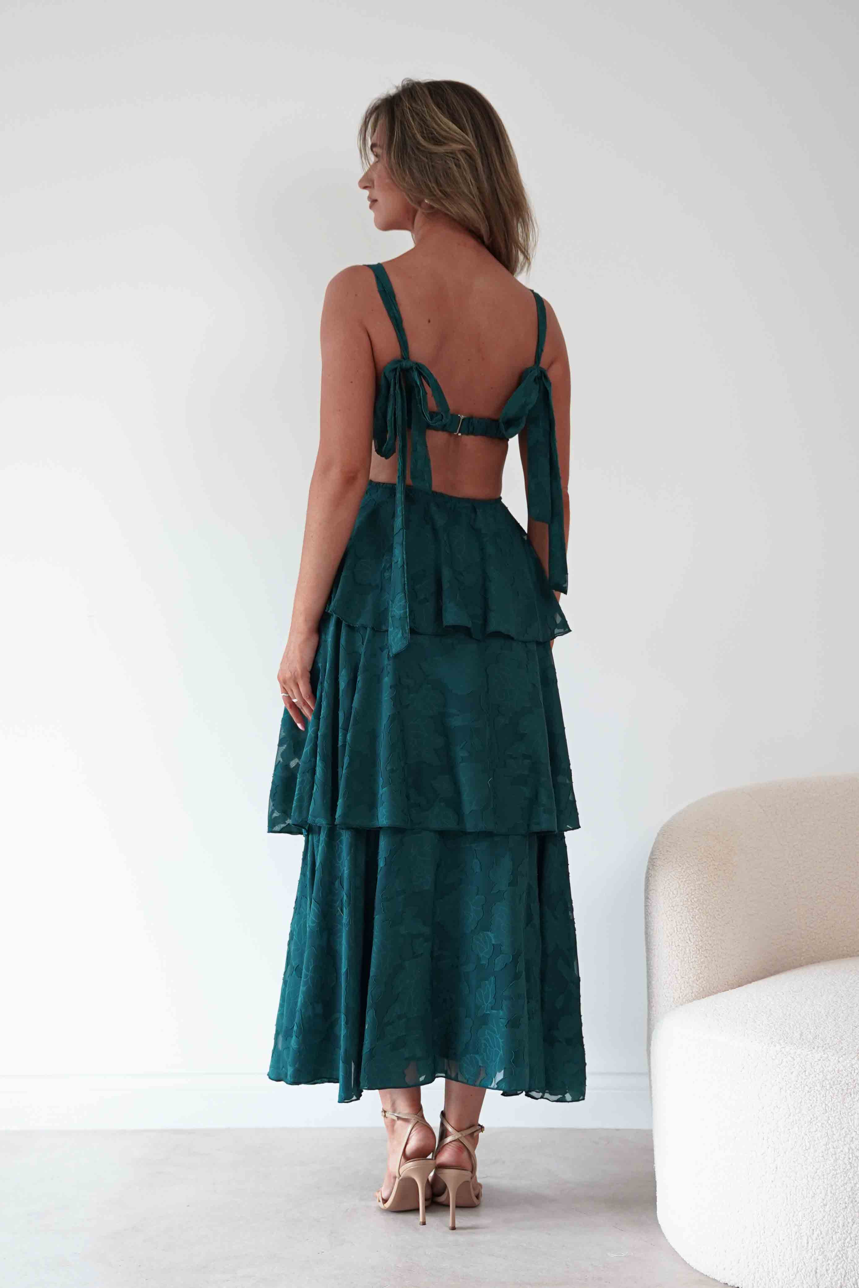 Niama Floral Jacquard Tiered Maxi Dress | Teal Green