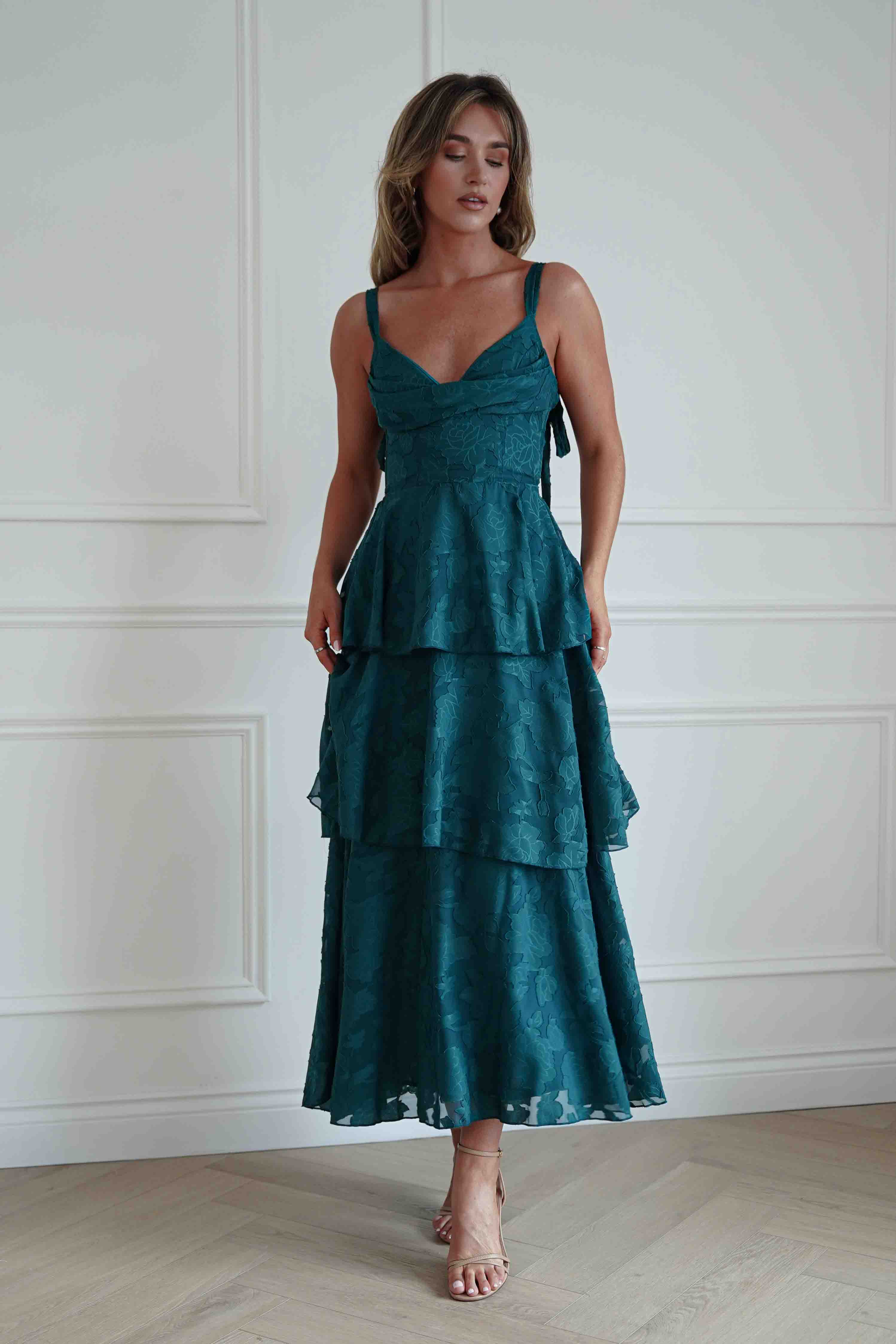 Niama Floral Jacquard Tiered Maxi Dress | Teal Green