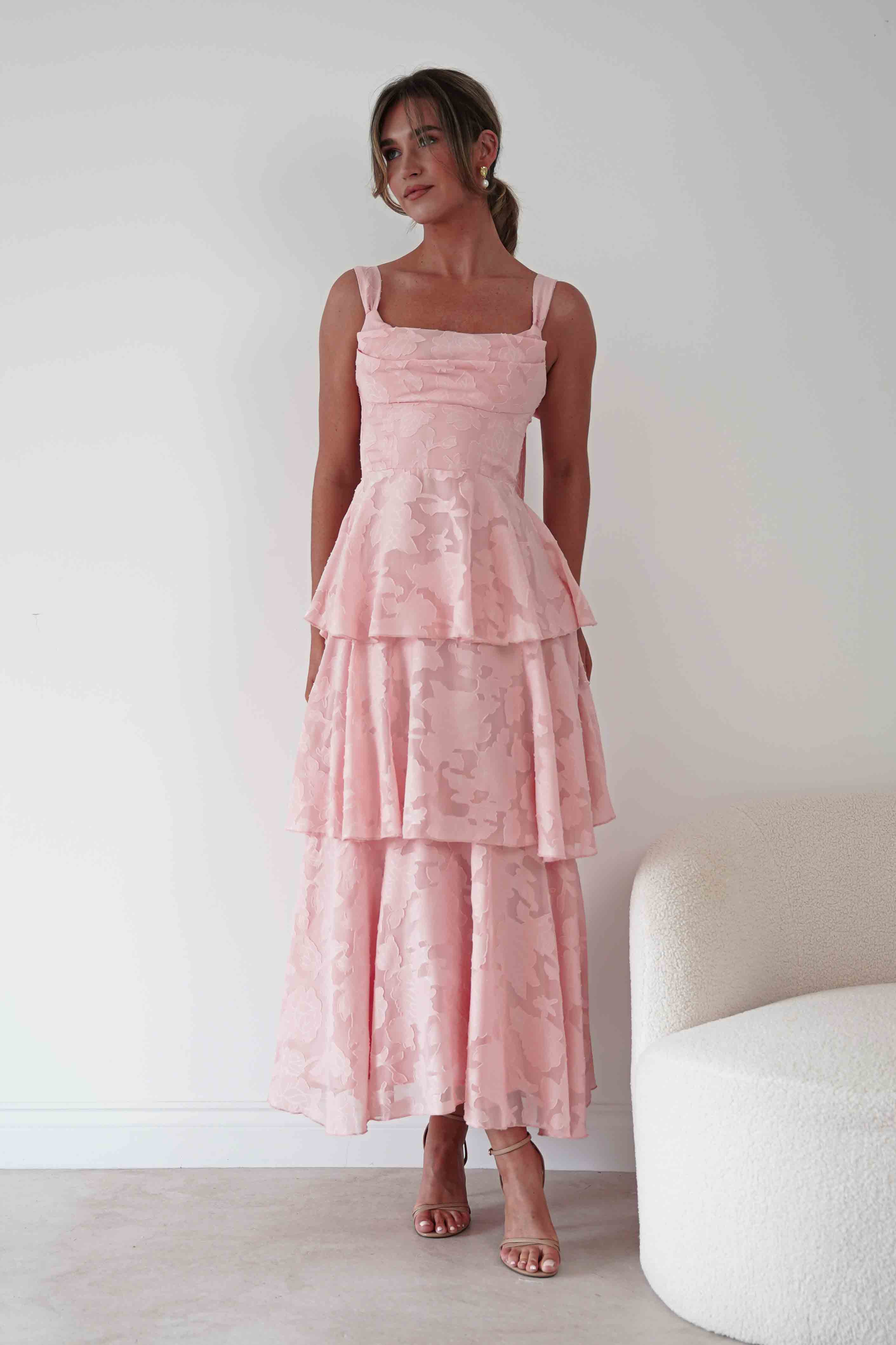 1*DONE*SHAREEN-MD08394-1-Geblümtes Jacquard Maxikleid mit Stufenrock | Rouge
