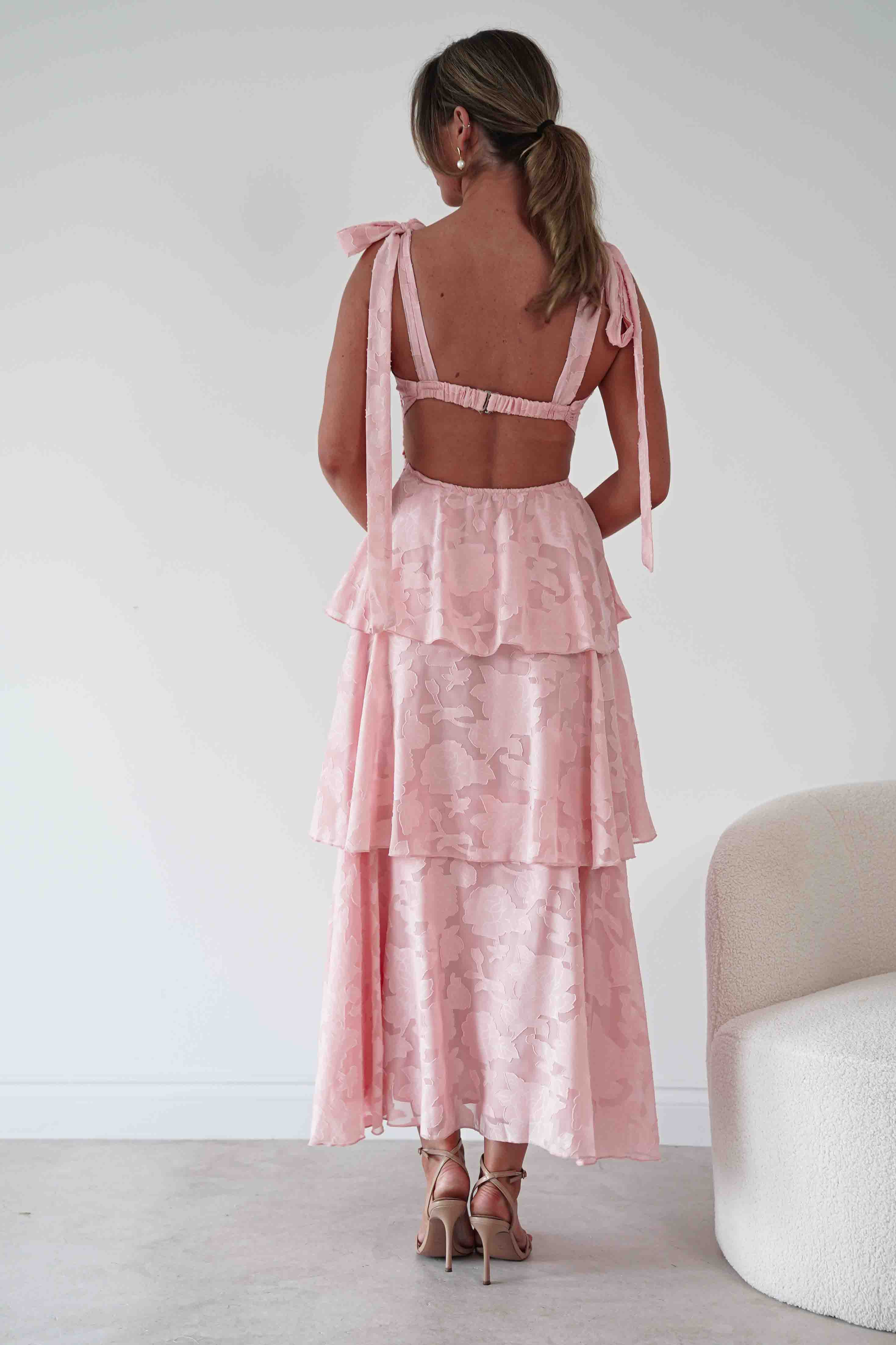 1*DONE*SHAREEN-MD08394-1-Geblümtes Jacquard Maxikleid mit Stufenrock | Rouge
