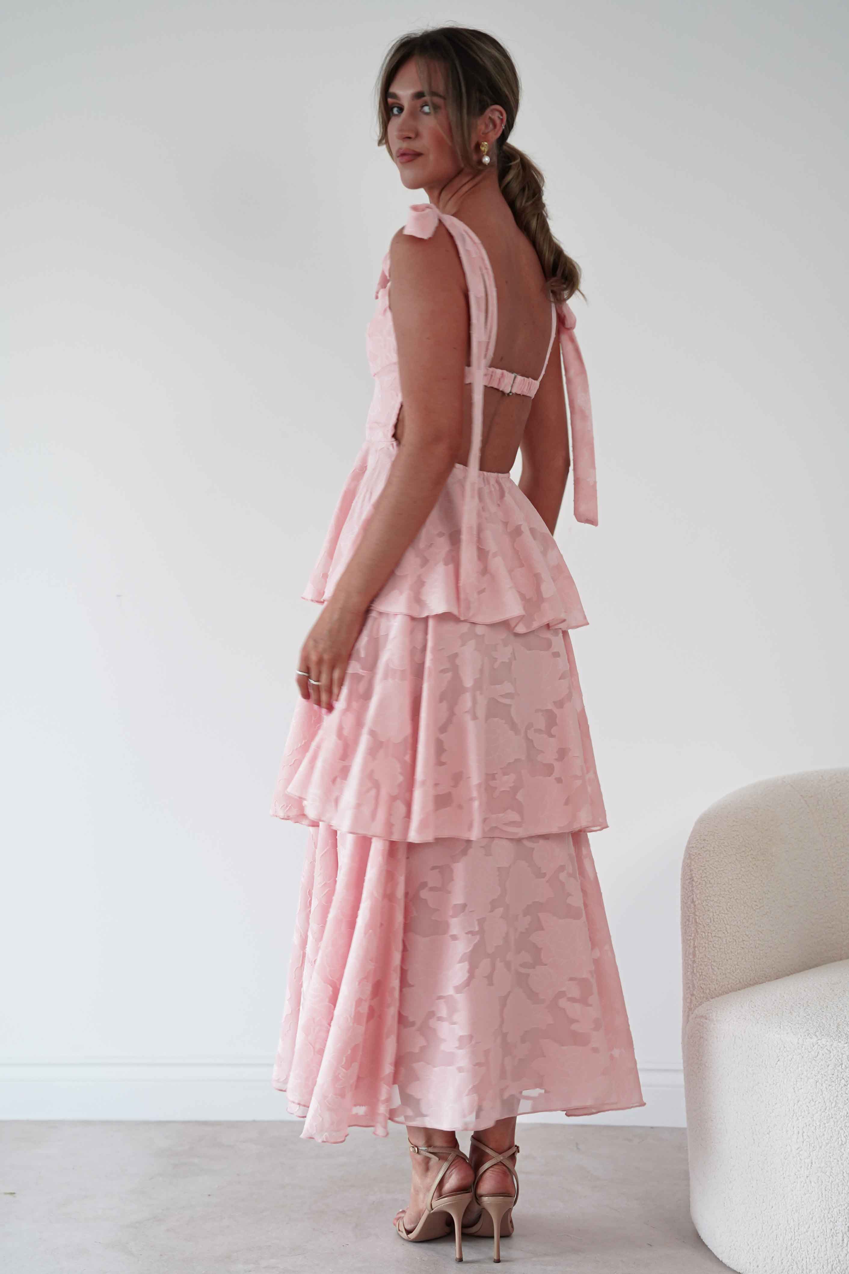 1*DONE*SHAREEN-MD08394-1-Geblümtes Jacquard Maxikleid mit Stufenrock | Rouge