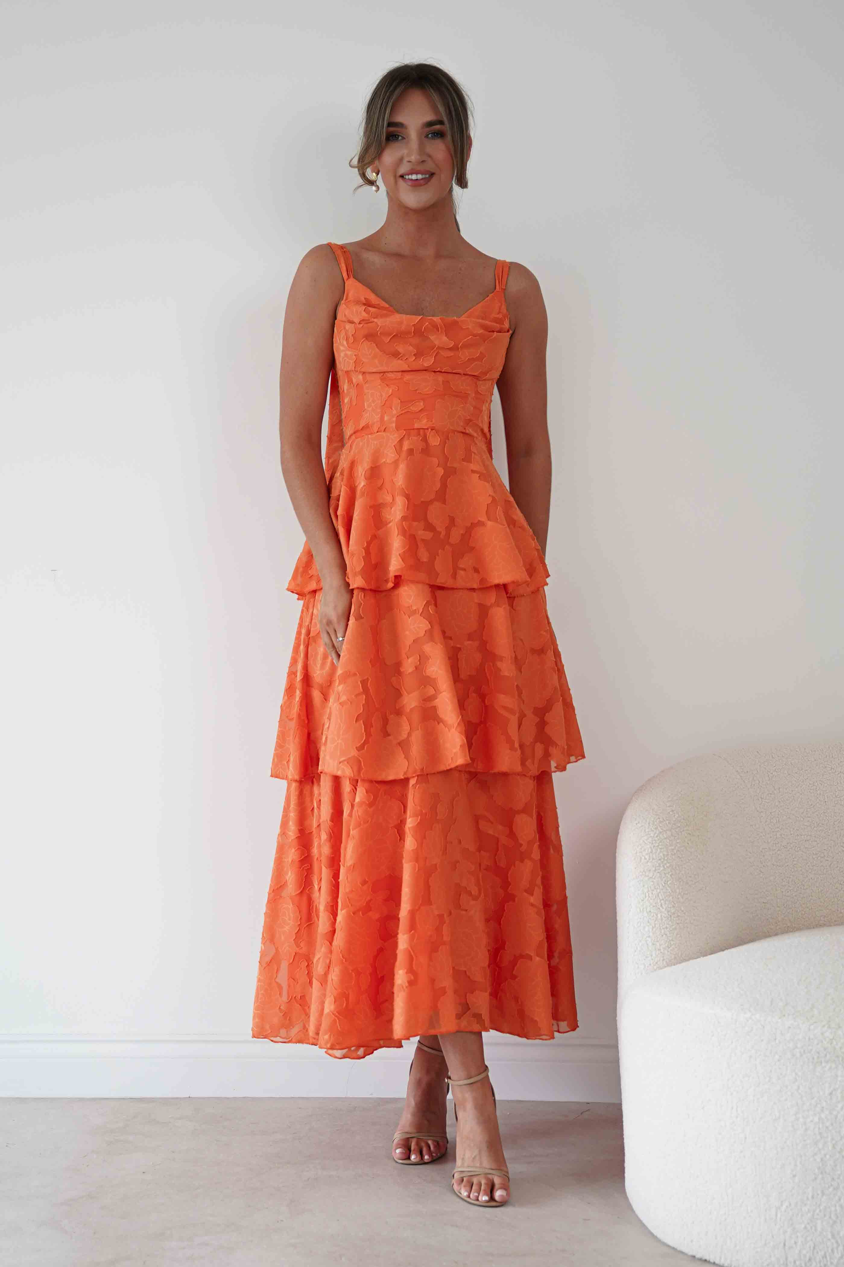 1*DONE*SHAREEN-MD08394-4- ORANGES geblümtes Jacquard Stufen Maxikleid