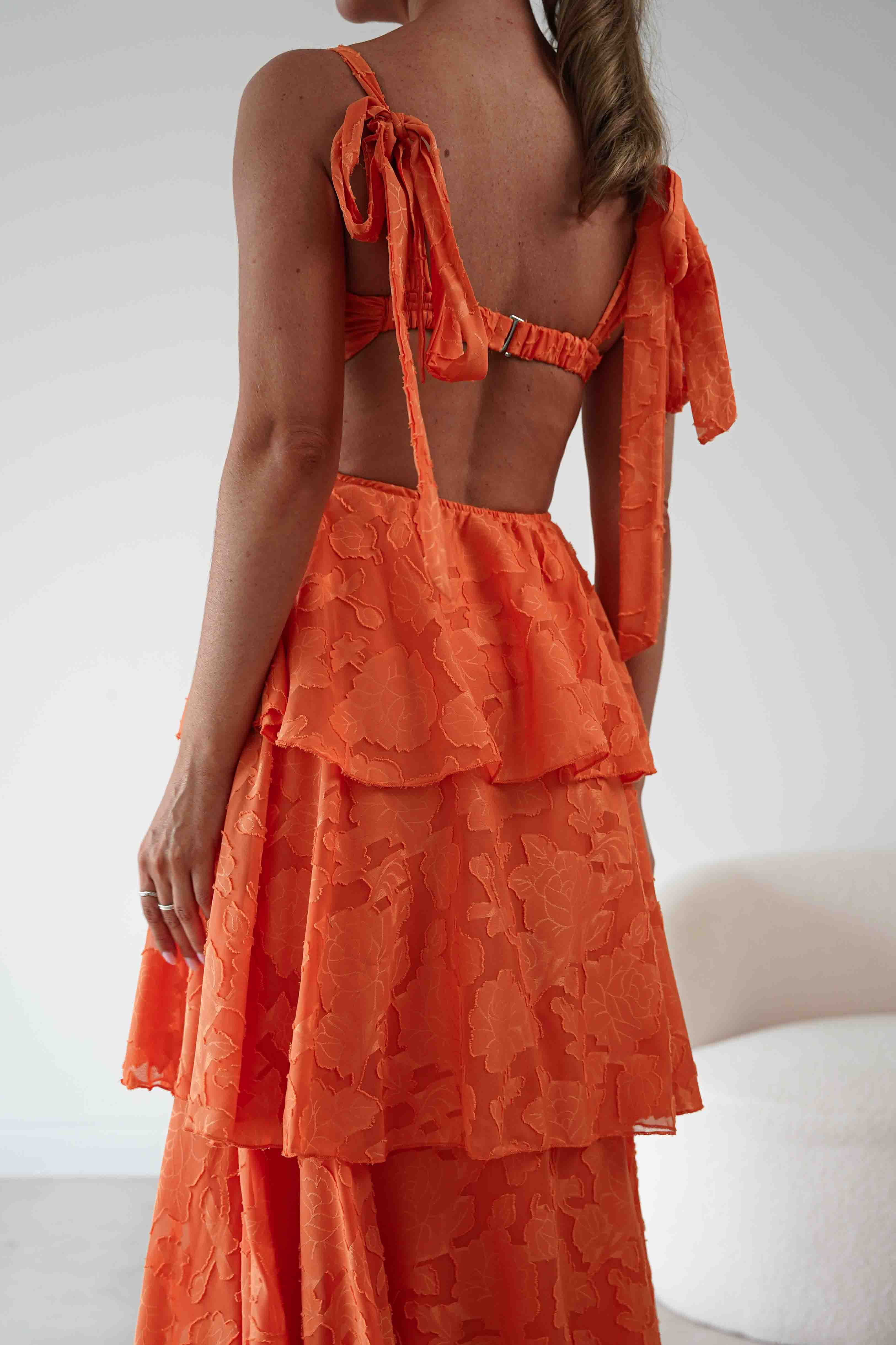 1*DONE*SHAREEN-MD08394-4- ORANGES geblümtes Jacquard Stufen Maxikleid