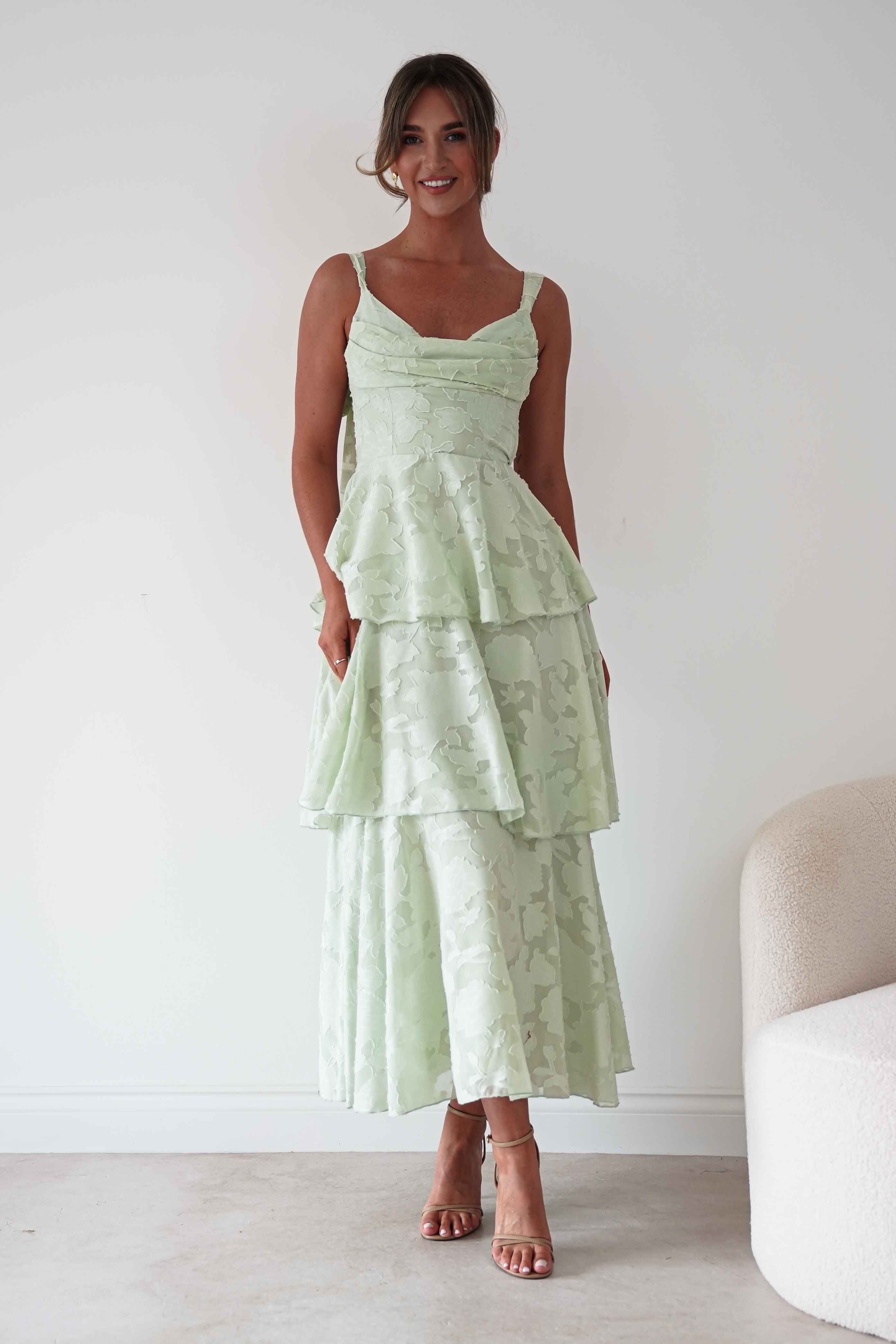 Niama Floral Jacquard Tiered Maxi Dress | Sage Green