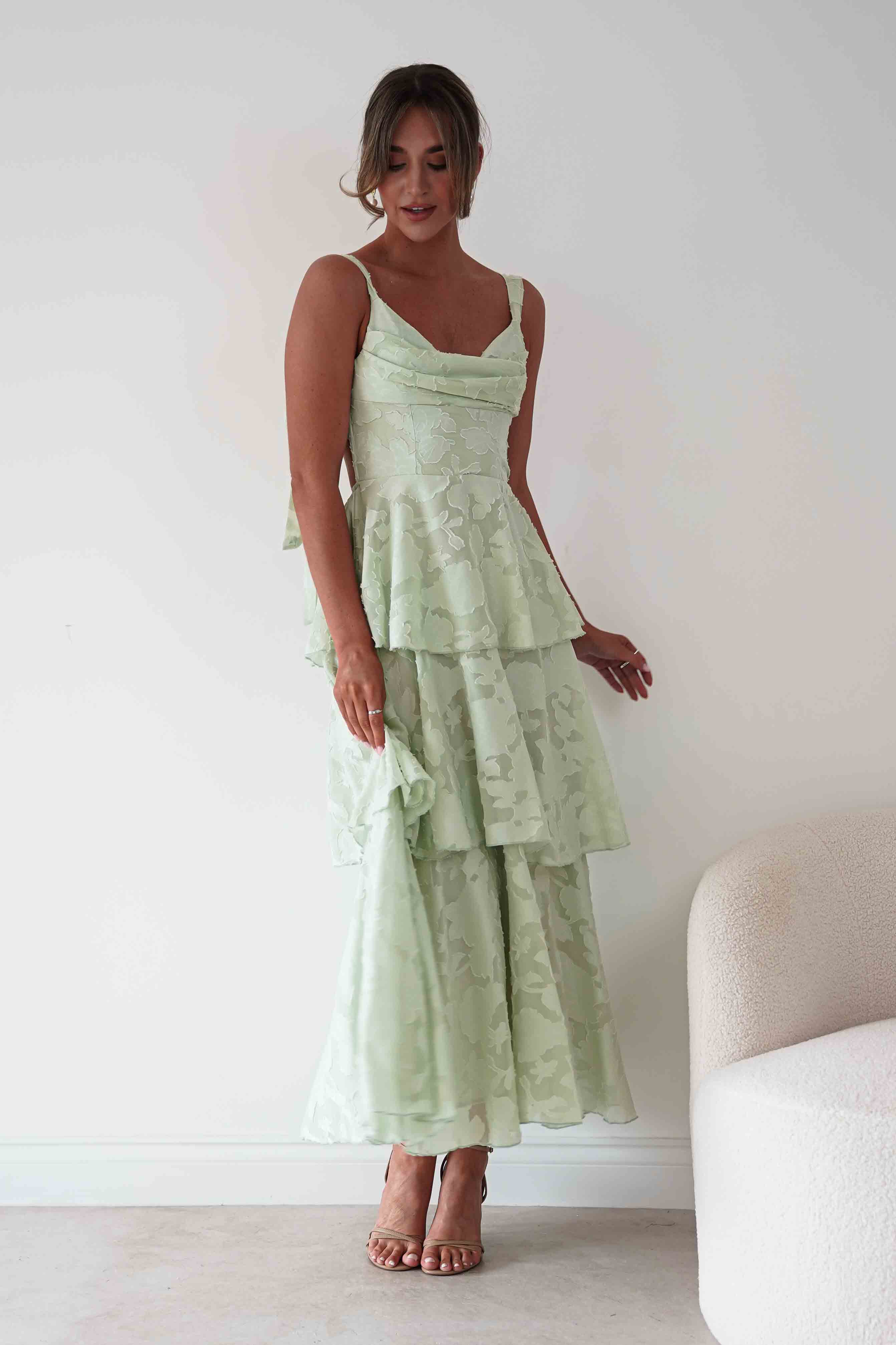 Niama Floral Jacquard Tiered Maxi Dress | Sage Green