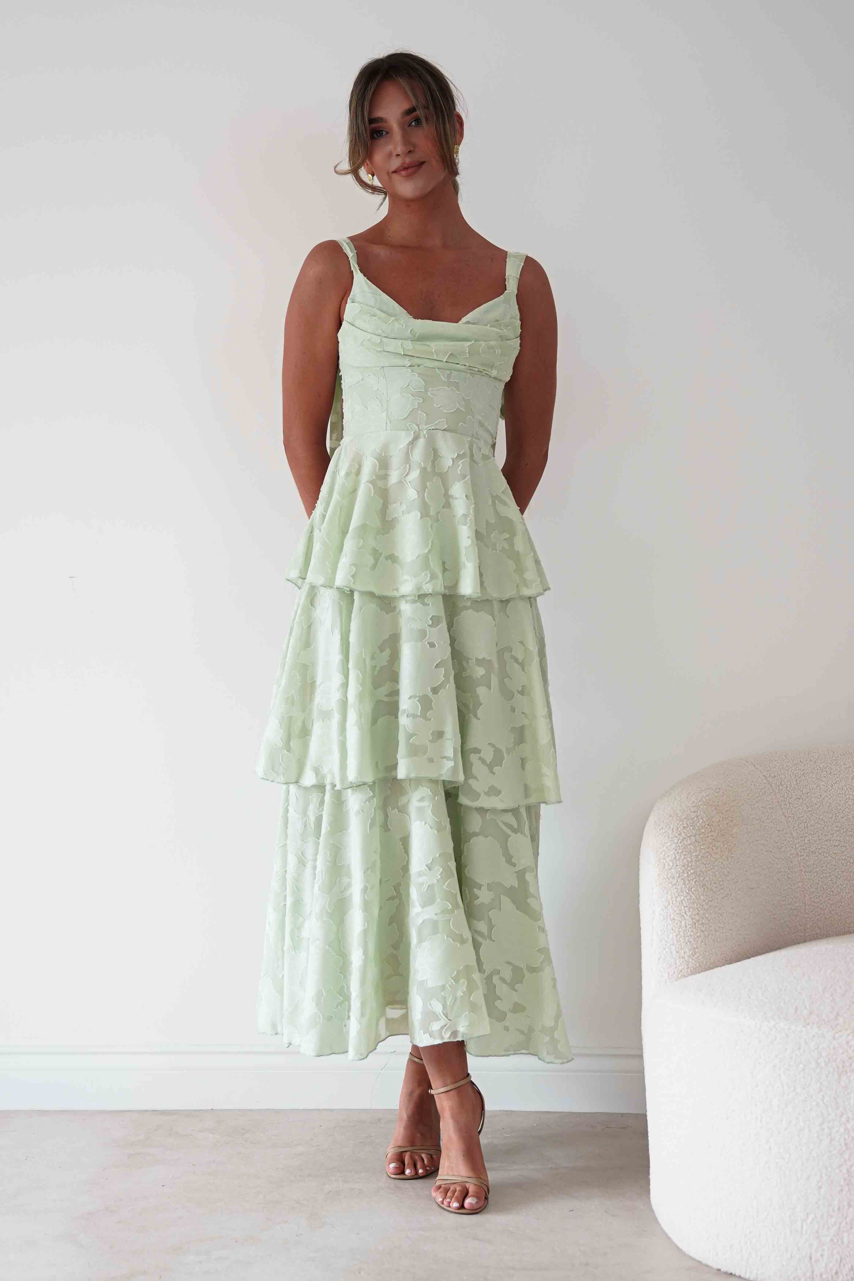 Niama Floral Jacquard Tiered Maxi Dress | Sage Green