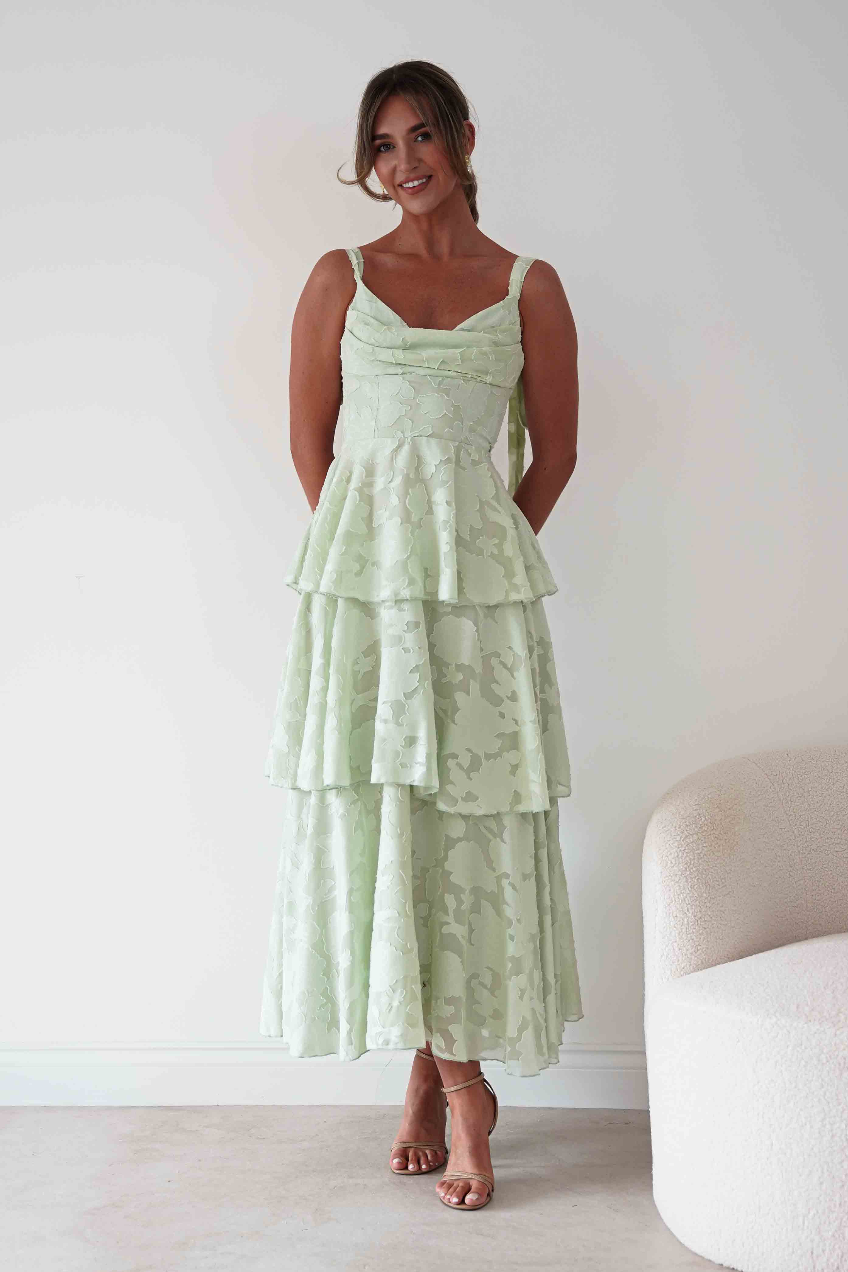 Niama Floral Jacquard Tiered Maxi Dress | Sage Green