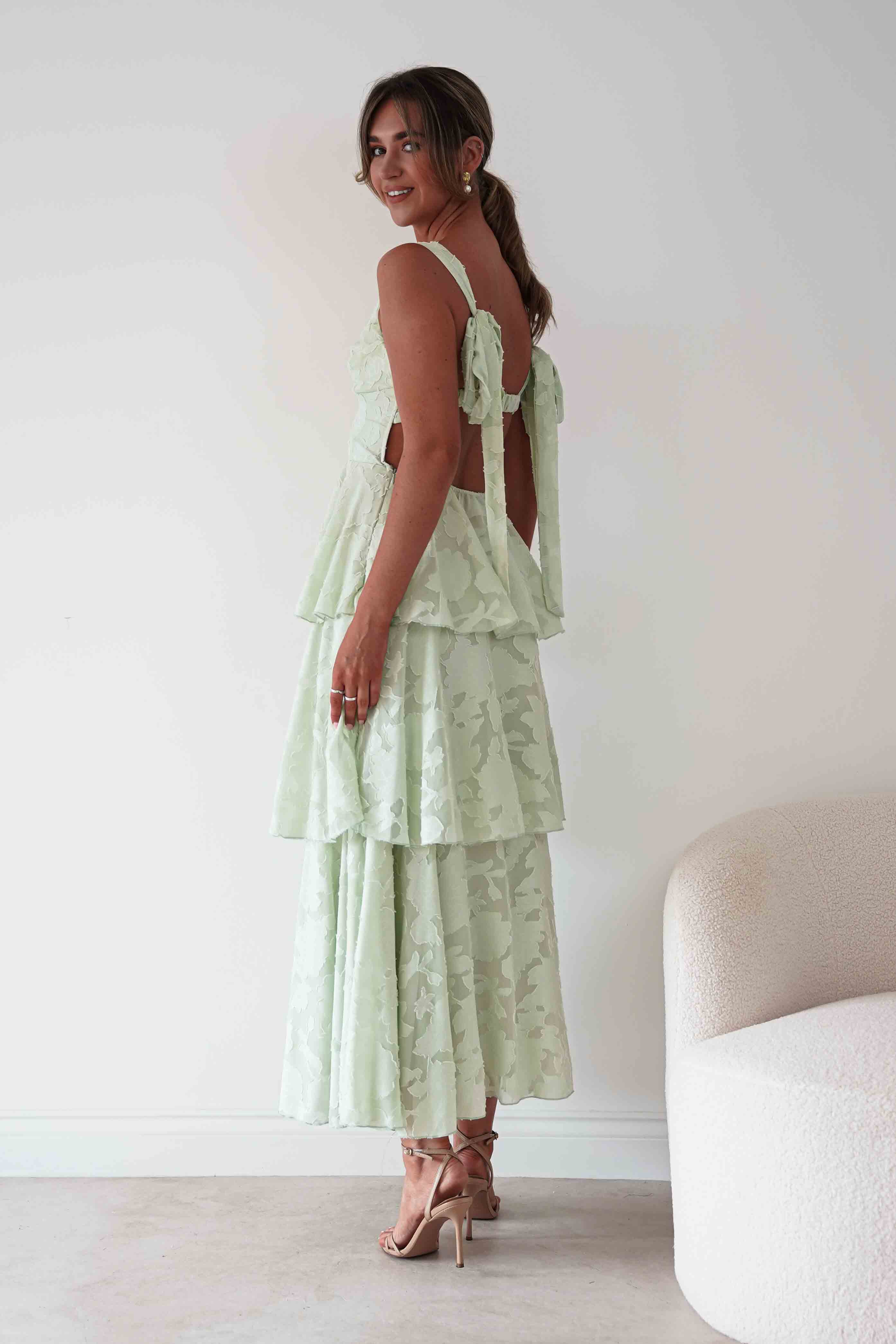 Niama Floral Jacquard Tiered Maxi Dress | Sage Green