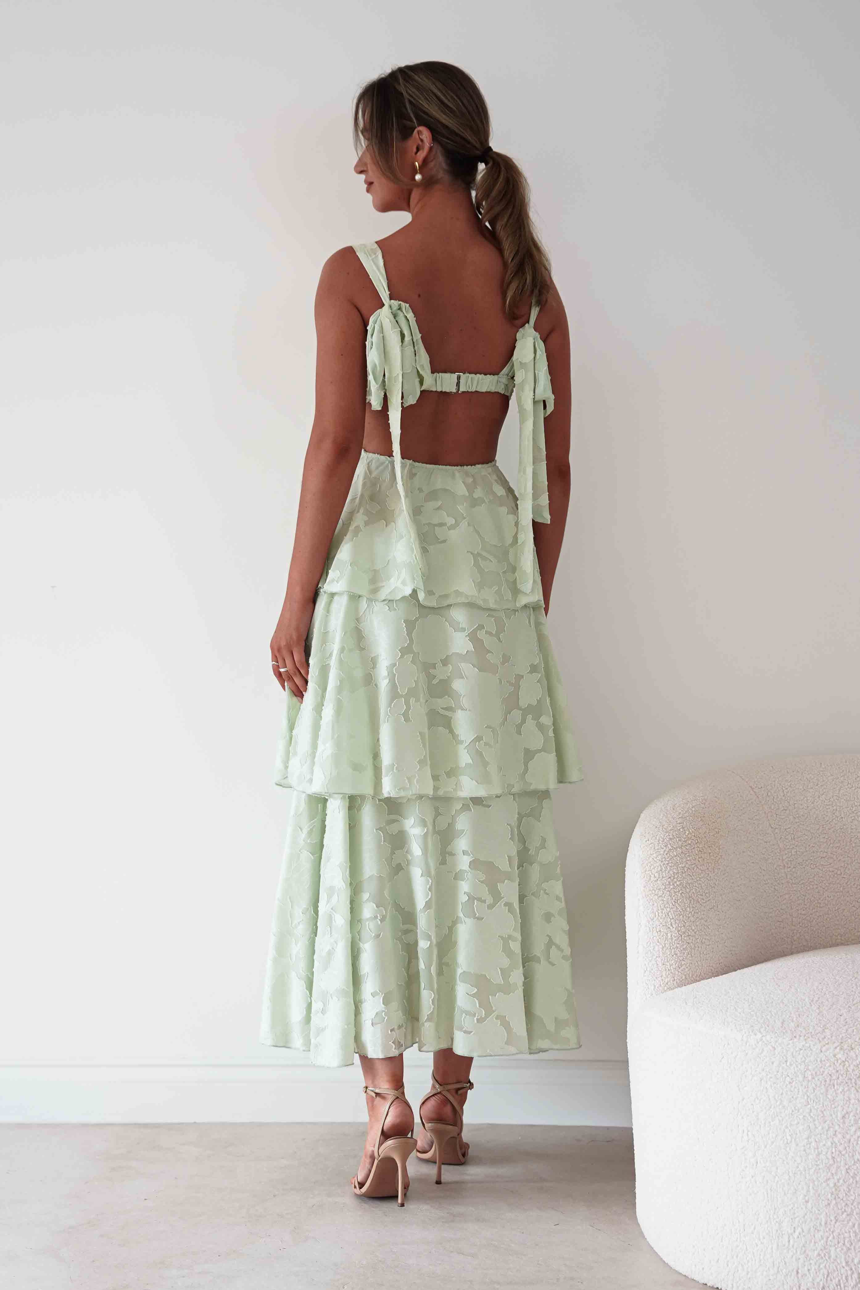 Niama Floral Jacquard Tiered Maxi Dress | Sage Green