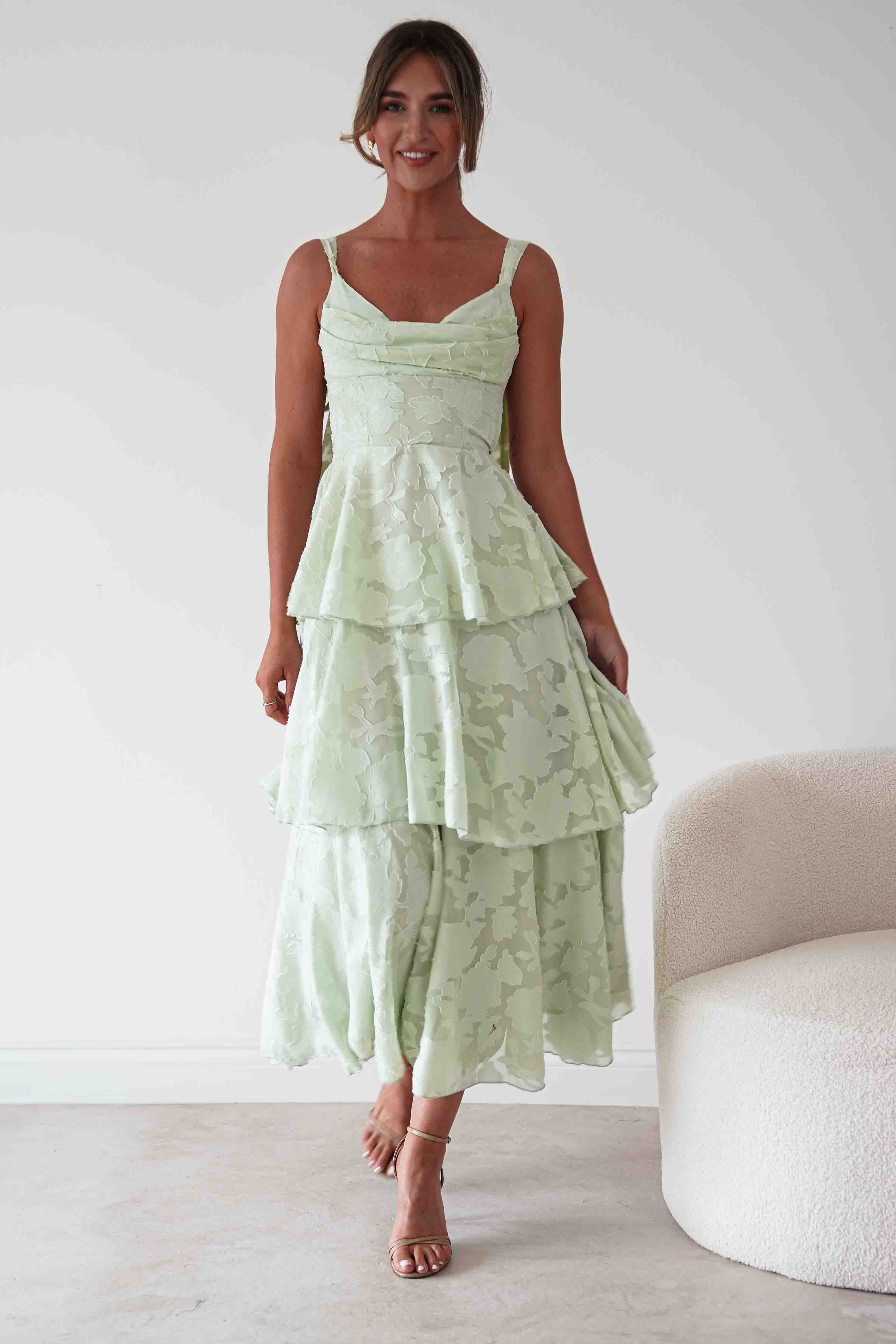Niama Floral Jacquard Tiered Maxi Dress | Sage Green