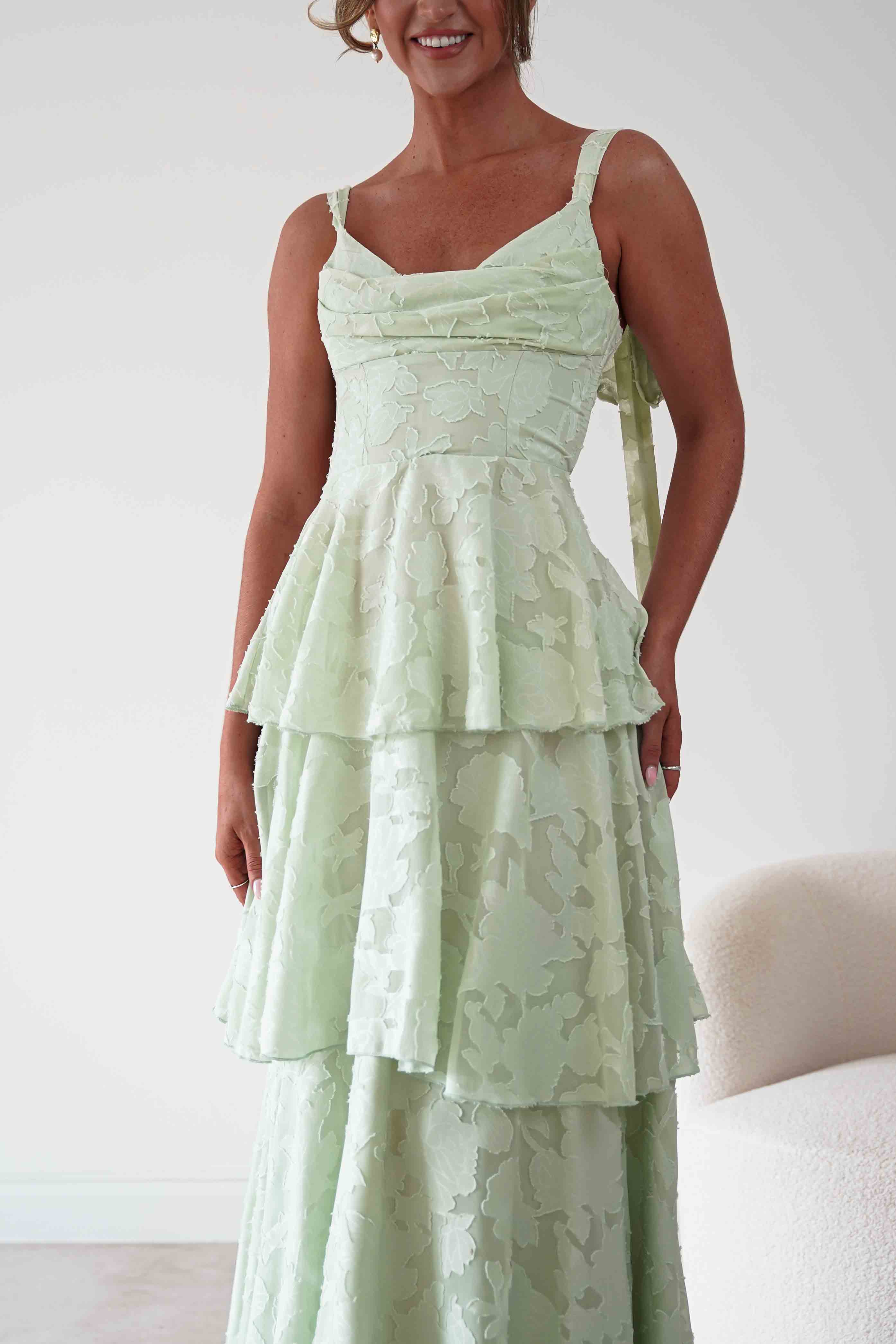 Niama Floral Jacquard Tiered Maxi Dress | Sage Green