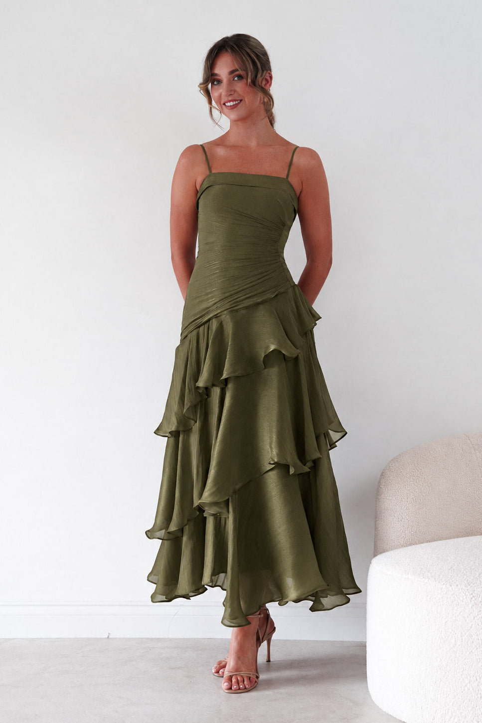 Renee Luminescent Ruffle Maxi Dress | Olive