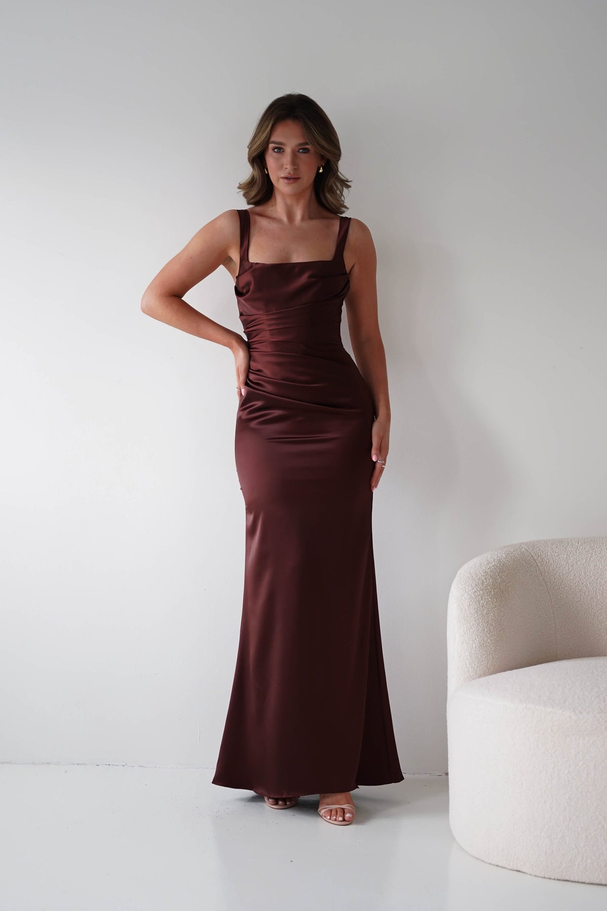 Addison Sqaure Neck Satin Maxi Dress | Espresso-Oh Hello Clothing