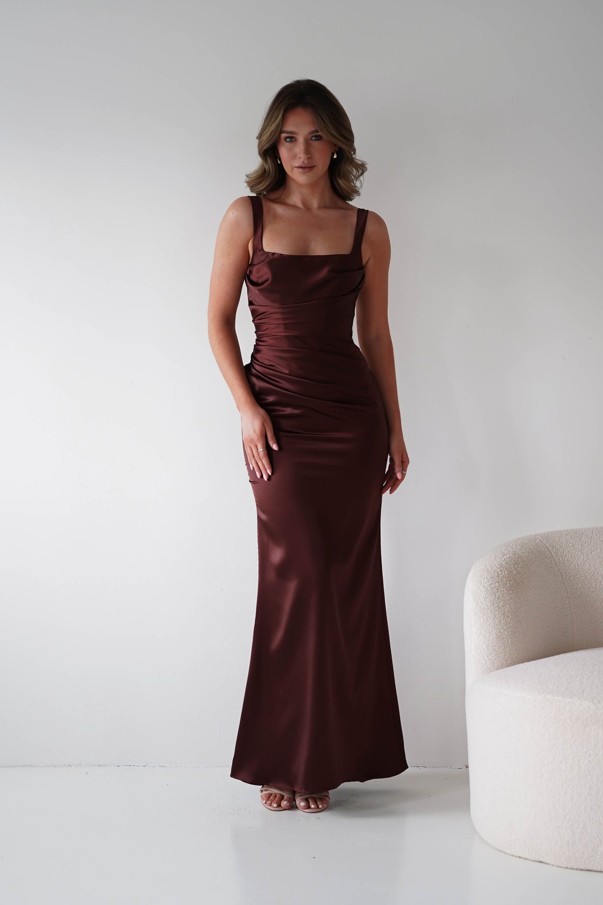 Addison Sqaure Neck Satin Maxi Dress | Espresso-Oh Hello Clothing
