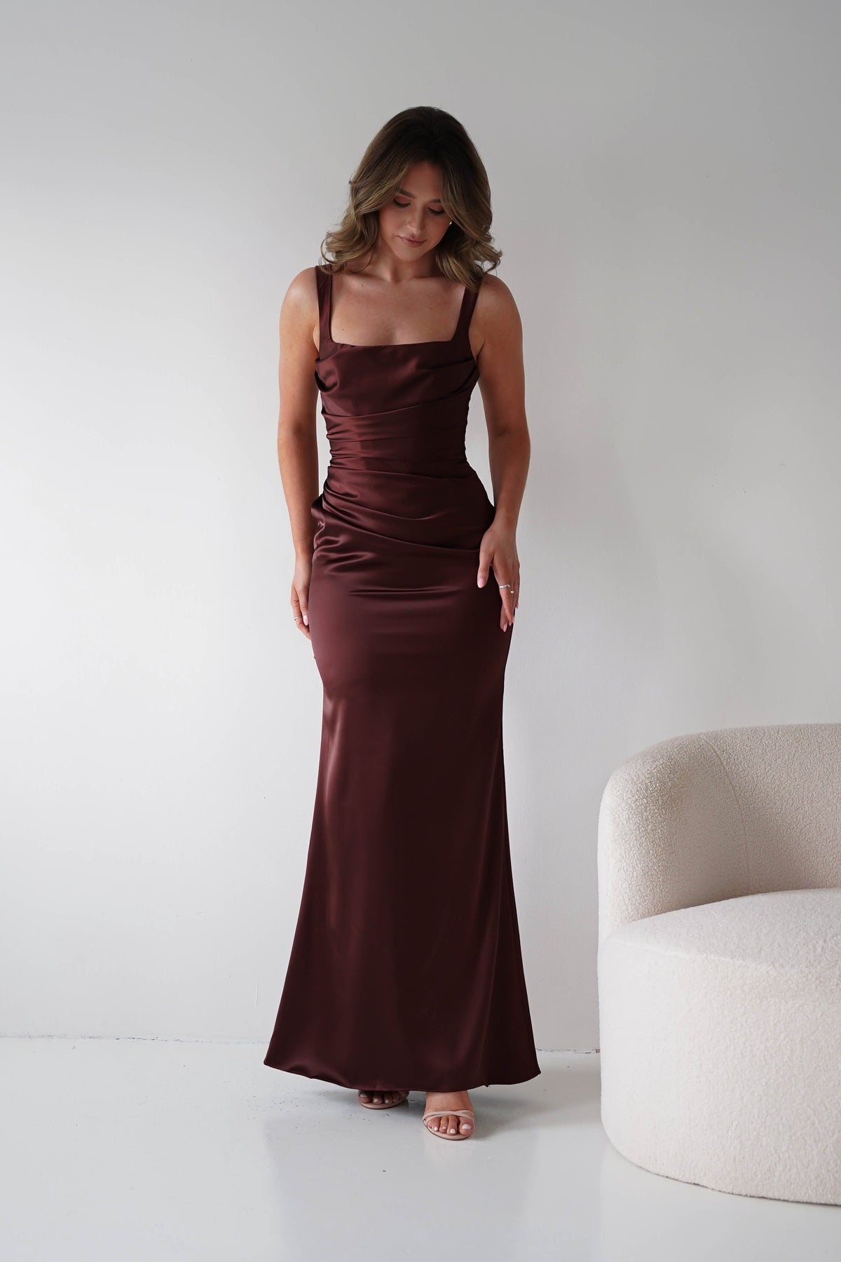 Addison Sqaure Neck Satin Maxi Dress | Espresso-Oh Hello Clothing