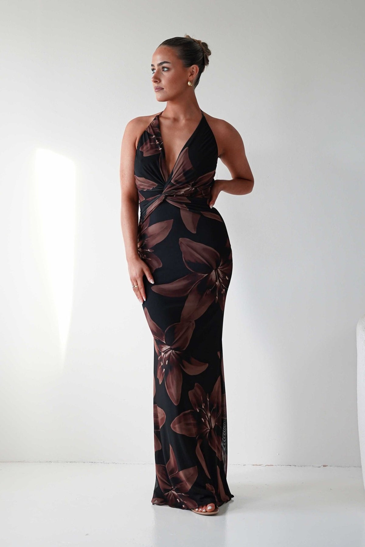 Adilah Halter Neck Floral Maxi Dress | Black/Brown-Oh Hello Clothing