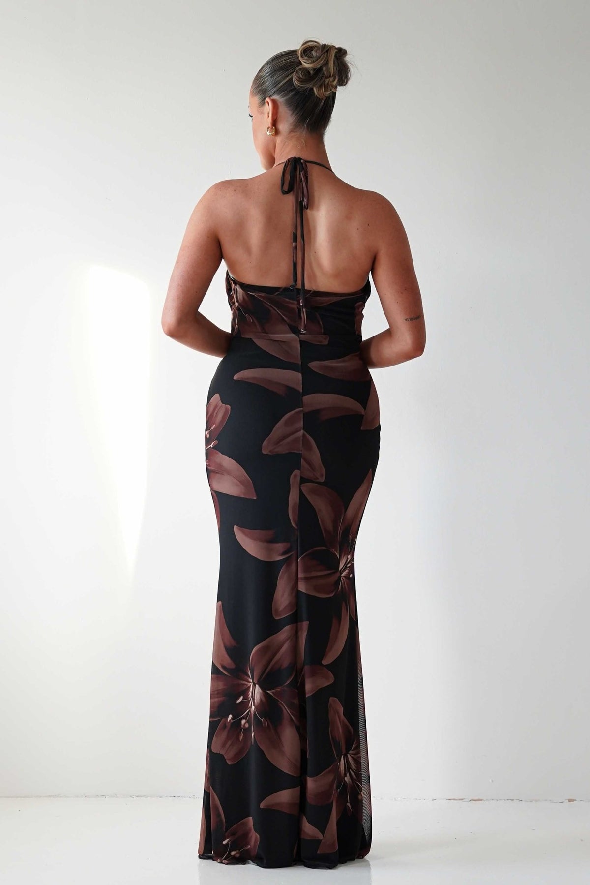 Adilah Halter Neck Floral Maxi Dress | Black/Brown-Oh Hello Clothing