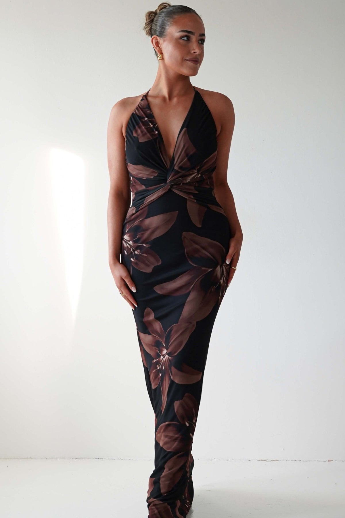 Adilah Halter Neck Floral Maxi Dress | Black/Brown-Oh Hello Clothing