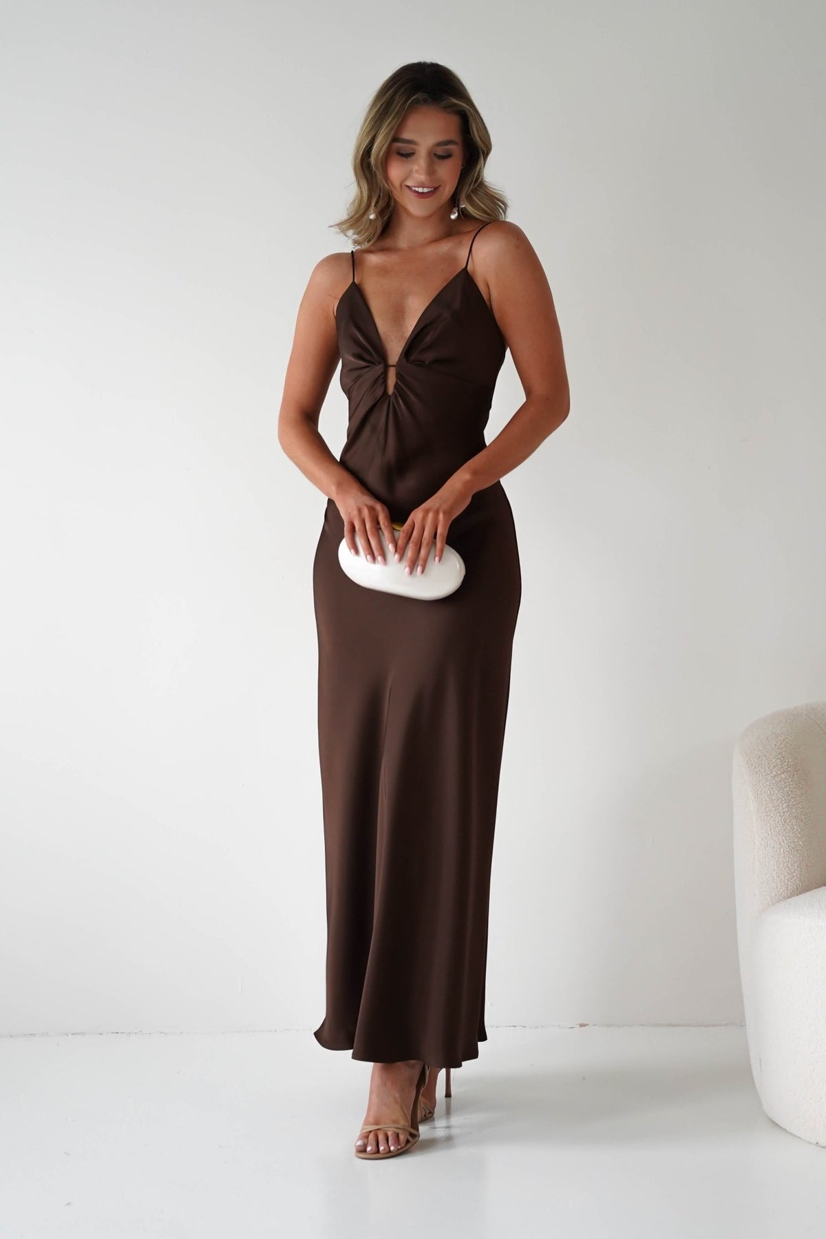 Adley Soft Satin Maxi Dress | Brown-Oh Hello Clothing