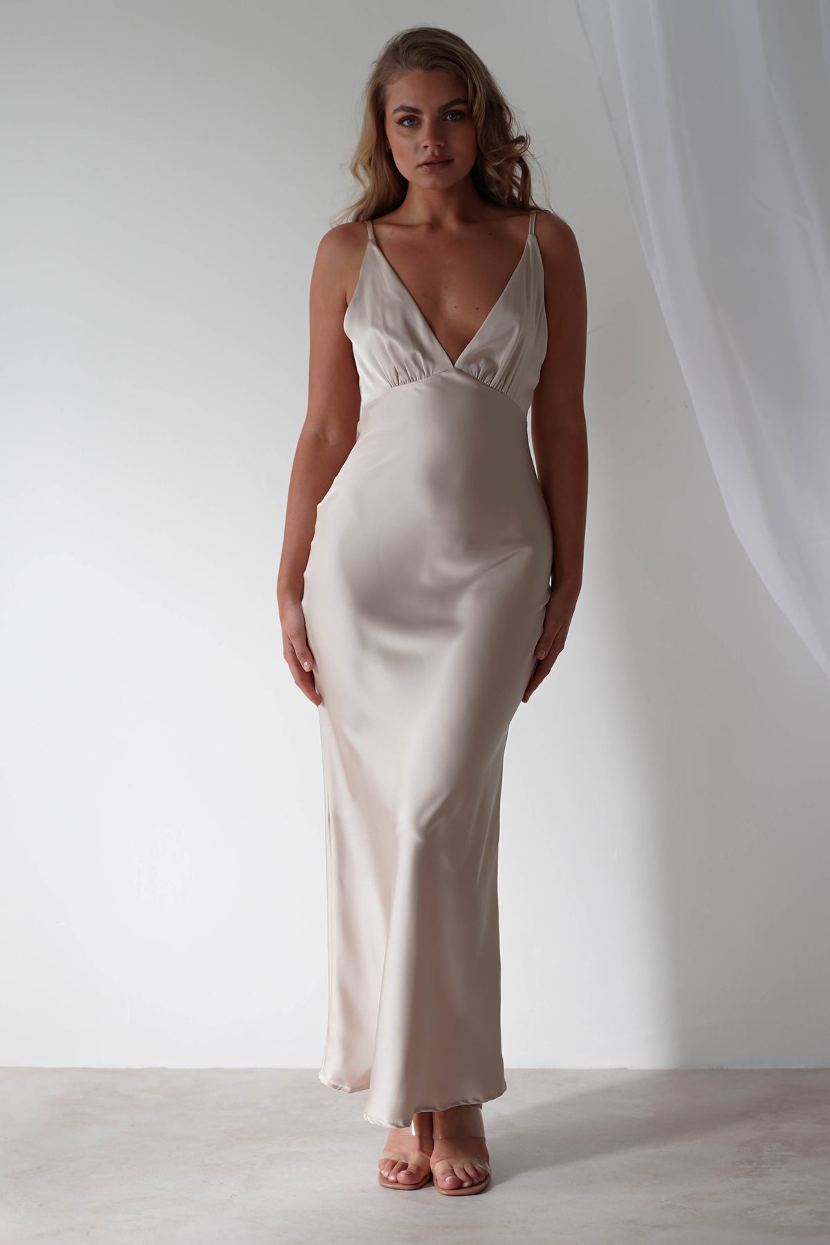 Aimie Soft Satin Maxi Dress | Champagne-Oh Hello Clothing