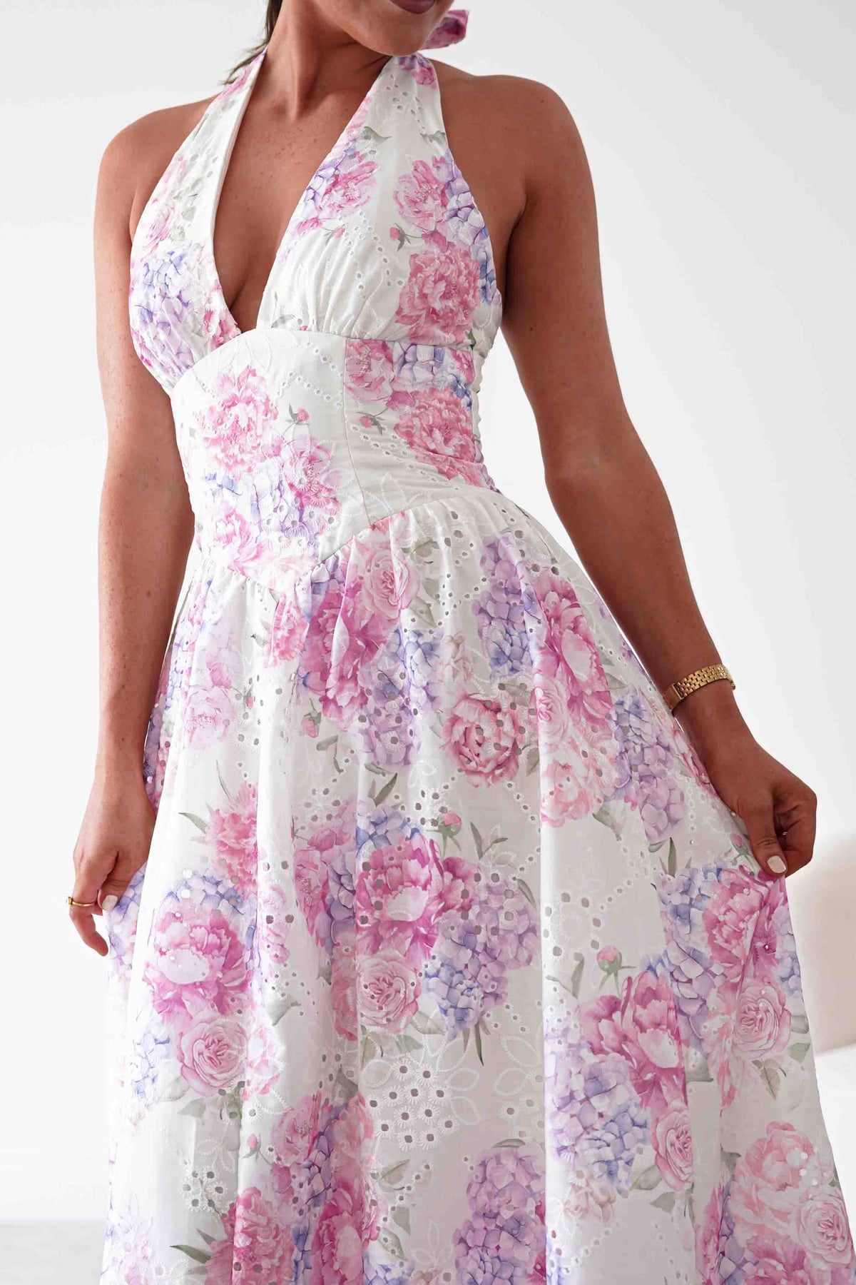 Alicia Broderie Floral Halterneck Midaxi Dress | White/Pink-Oh Hello Clothing