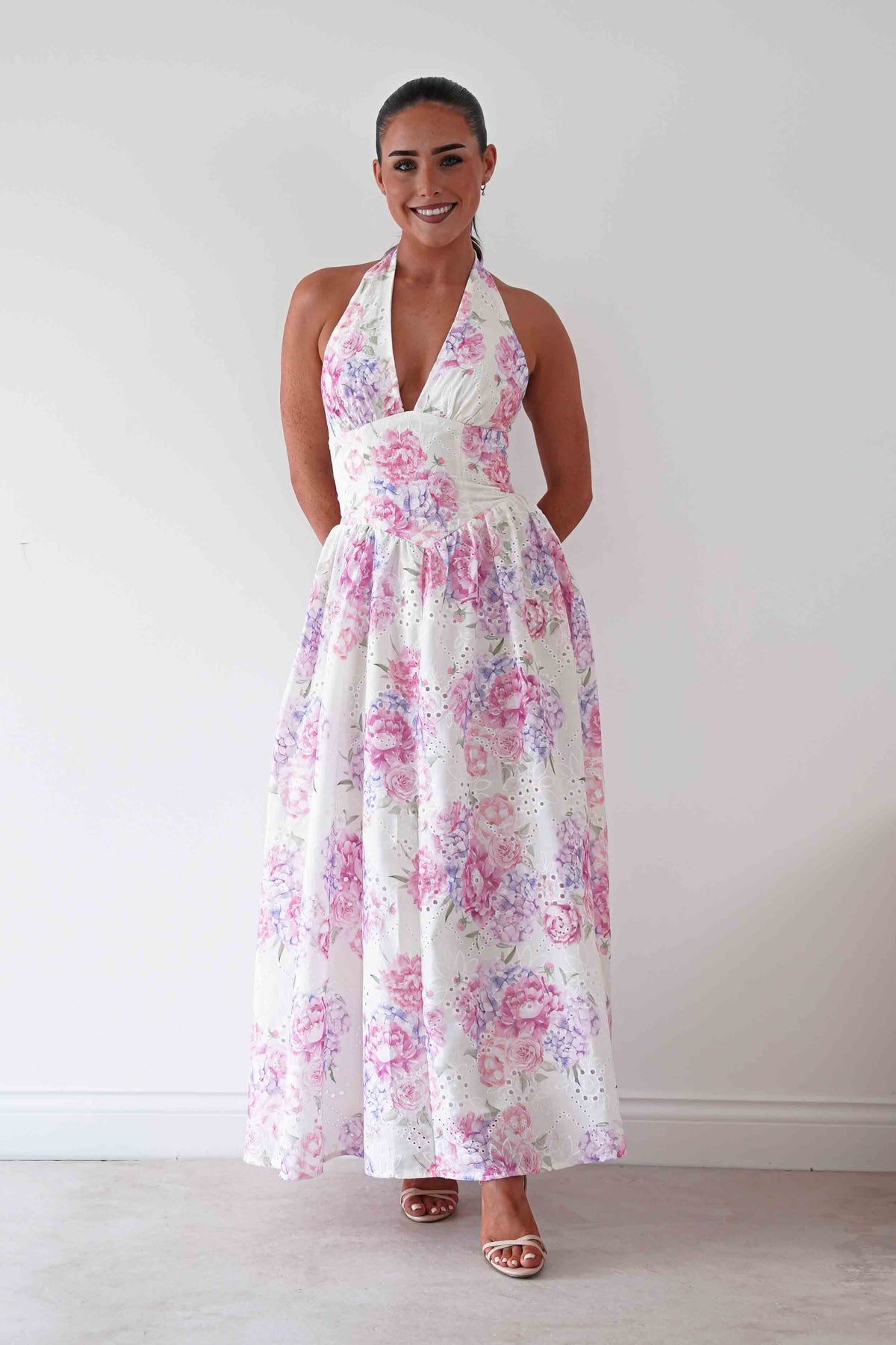 Alicia Broderie Floral Halterneck Midaxi Dress | White/Pink-Oh Hello Clothing